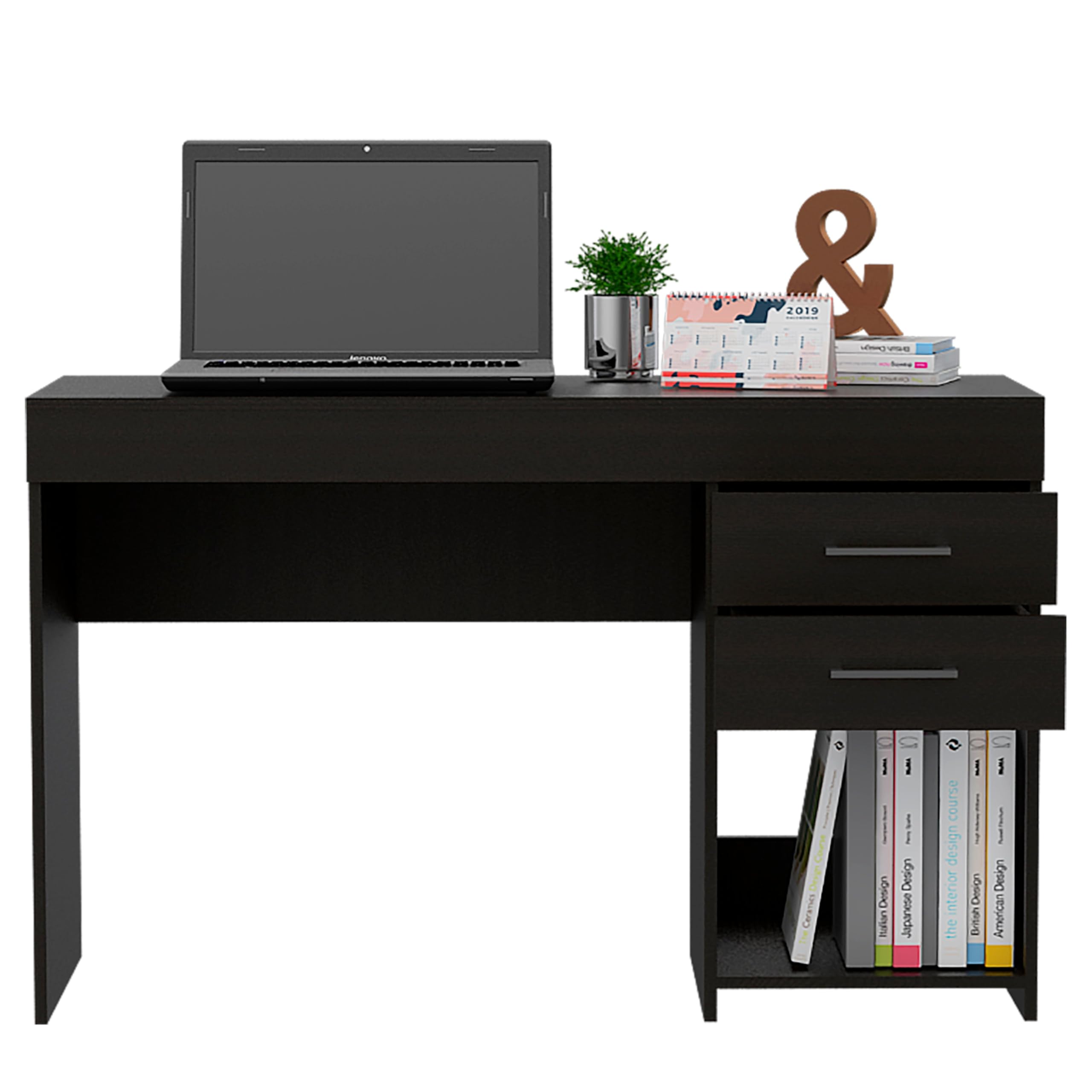 Tuhome Ibare 2 Drawer Computer Desk with Lower Shelf - Black, Modern Home Office Desk for Small Spaces, Perfect for Work, Study, and Gaming Setup