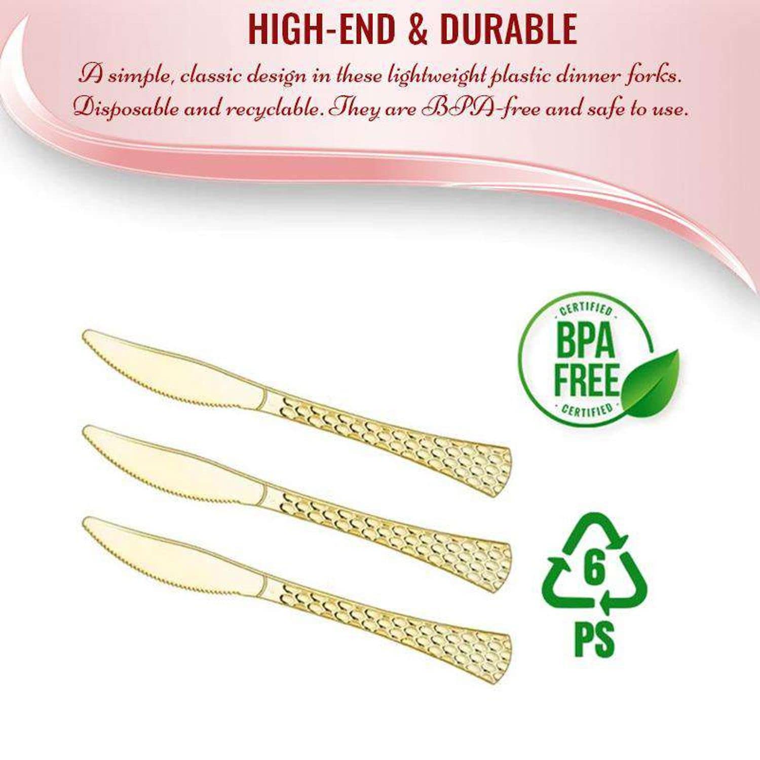 Premium Disposable Plastic Cutlery Set - Elegant Gold Flatware for Parties, Weddings & Events | Heavy Duty Glamorous Cutlery Bulk Pack (600 Knives) | Perfect for Birthday Celebrations, Bridal Showers & Catering Services