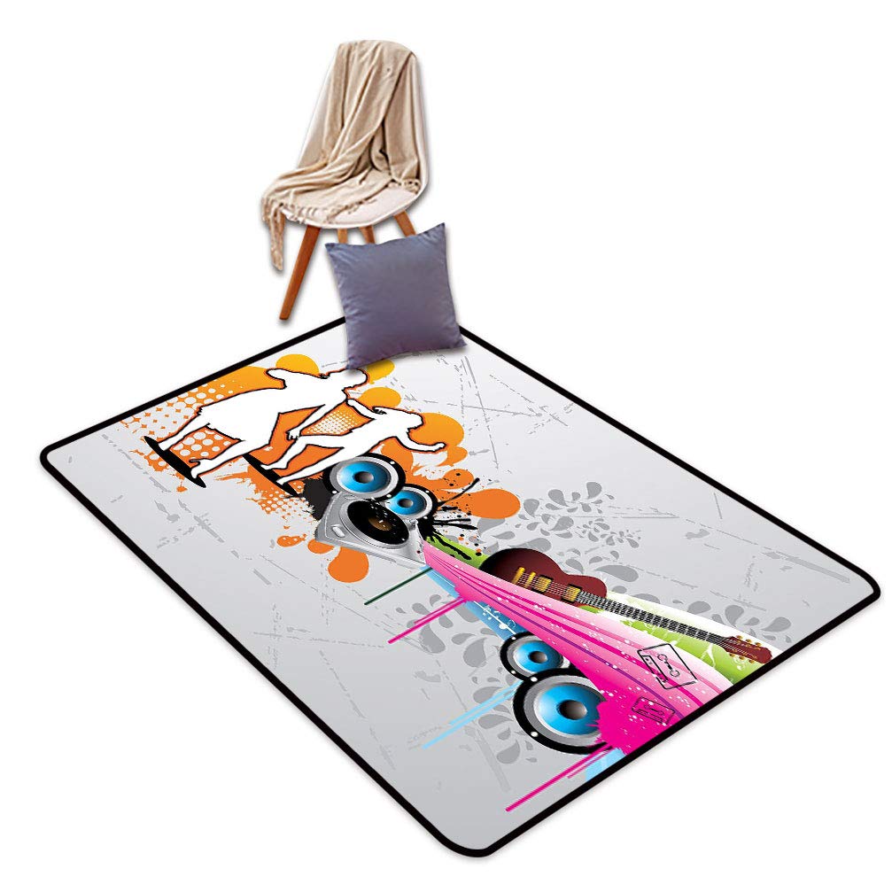 Vintage Grunge Area Rug 4' x 6' - Turntable & Speakers Music Dance Print Carpet with Non-Slip Backing - Funky Urban Decor for Bedroom, Living Room, Music Studio