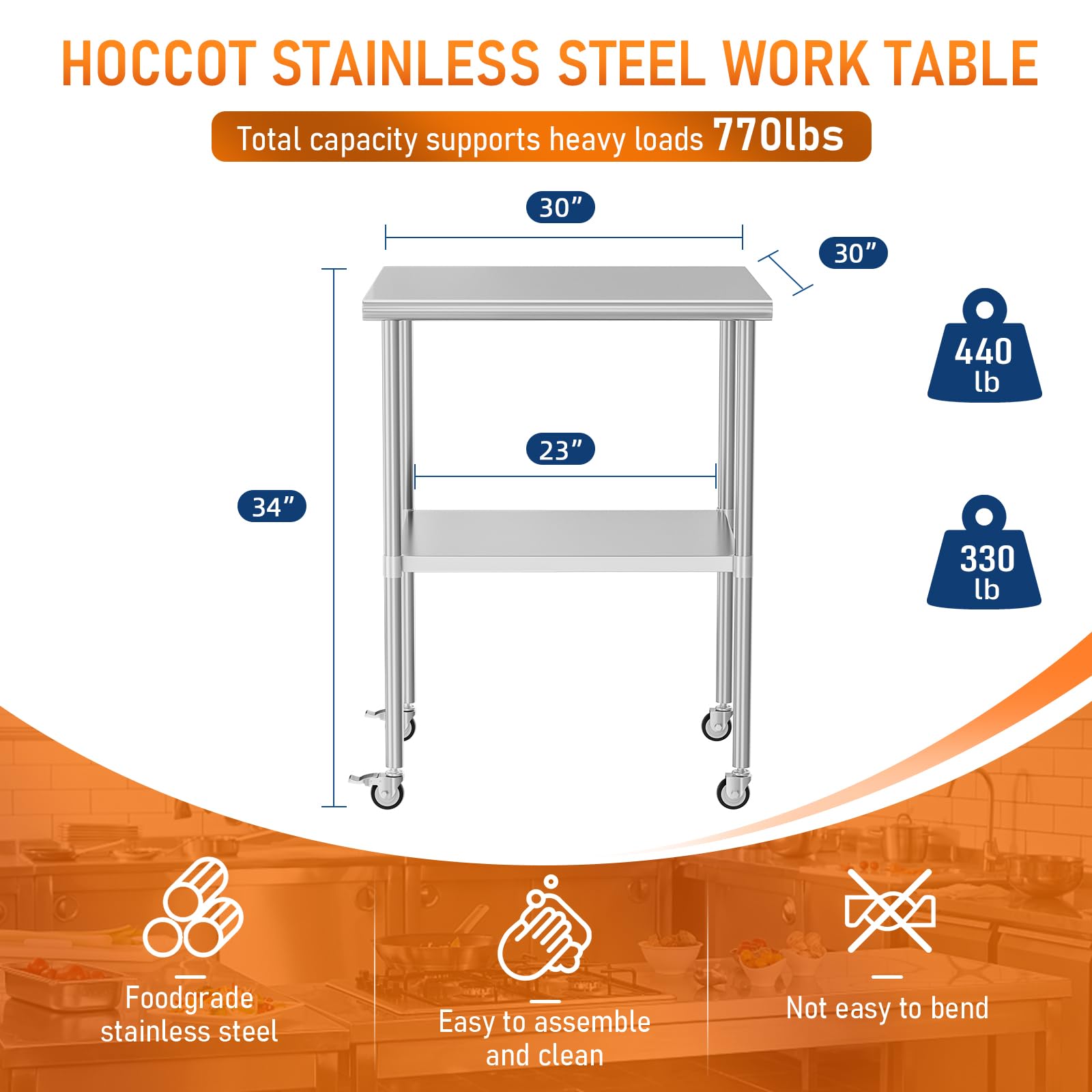 Stainless Steel Prep & Work Table with Adjustable Shelf & Wheels - 30