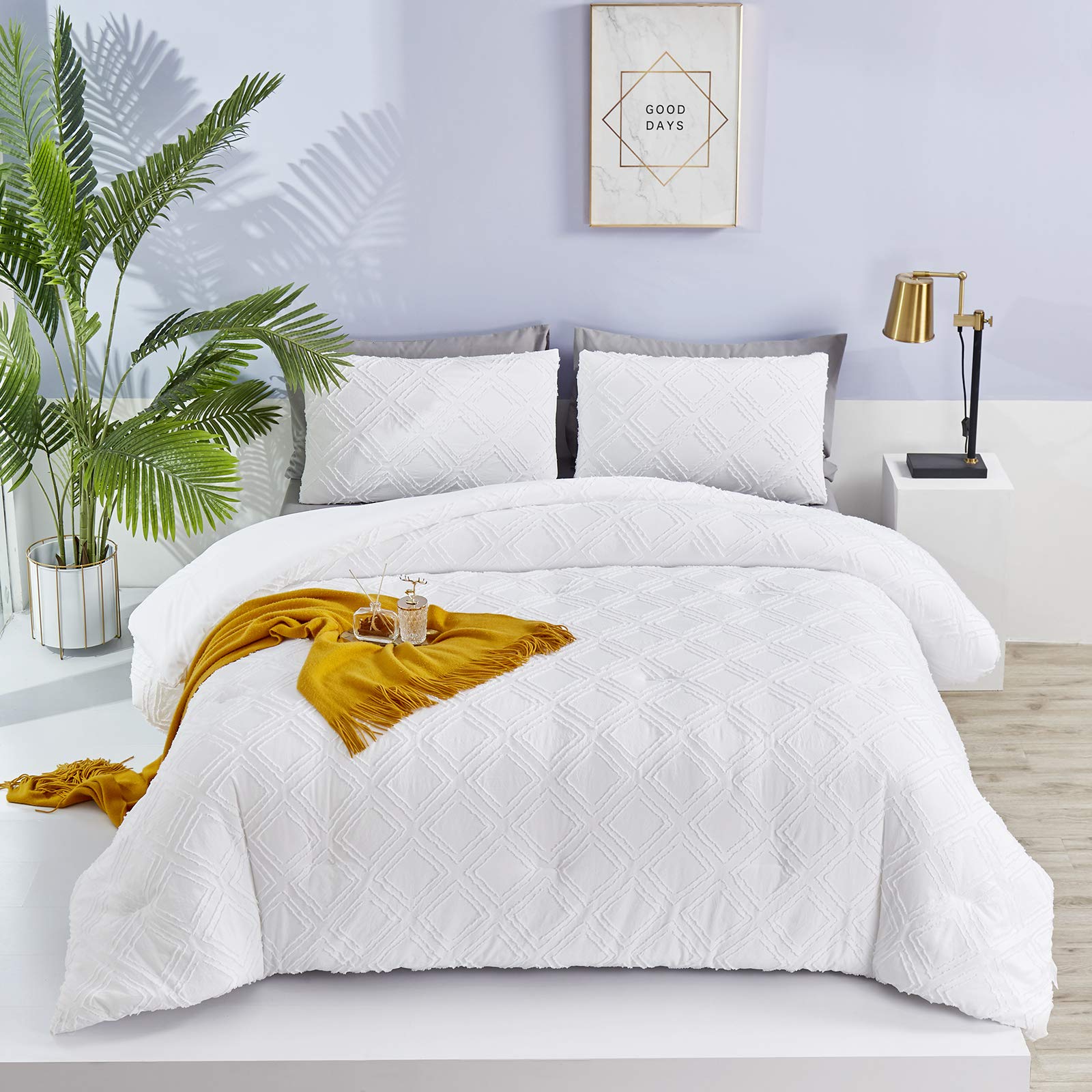 Boho White Comforter Set Queen Size - Jacquard Tufted Bedding with Tassels & Embroidery, Shabby Chic All-White Duvet Cover for Teen Girls - Perfect for Cozy Bedrooms, Guest Rooms & Boho-Chic Home Decor