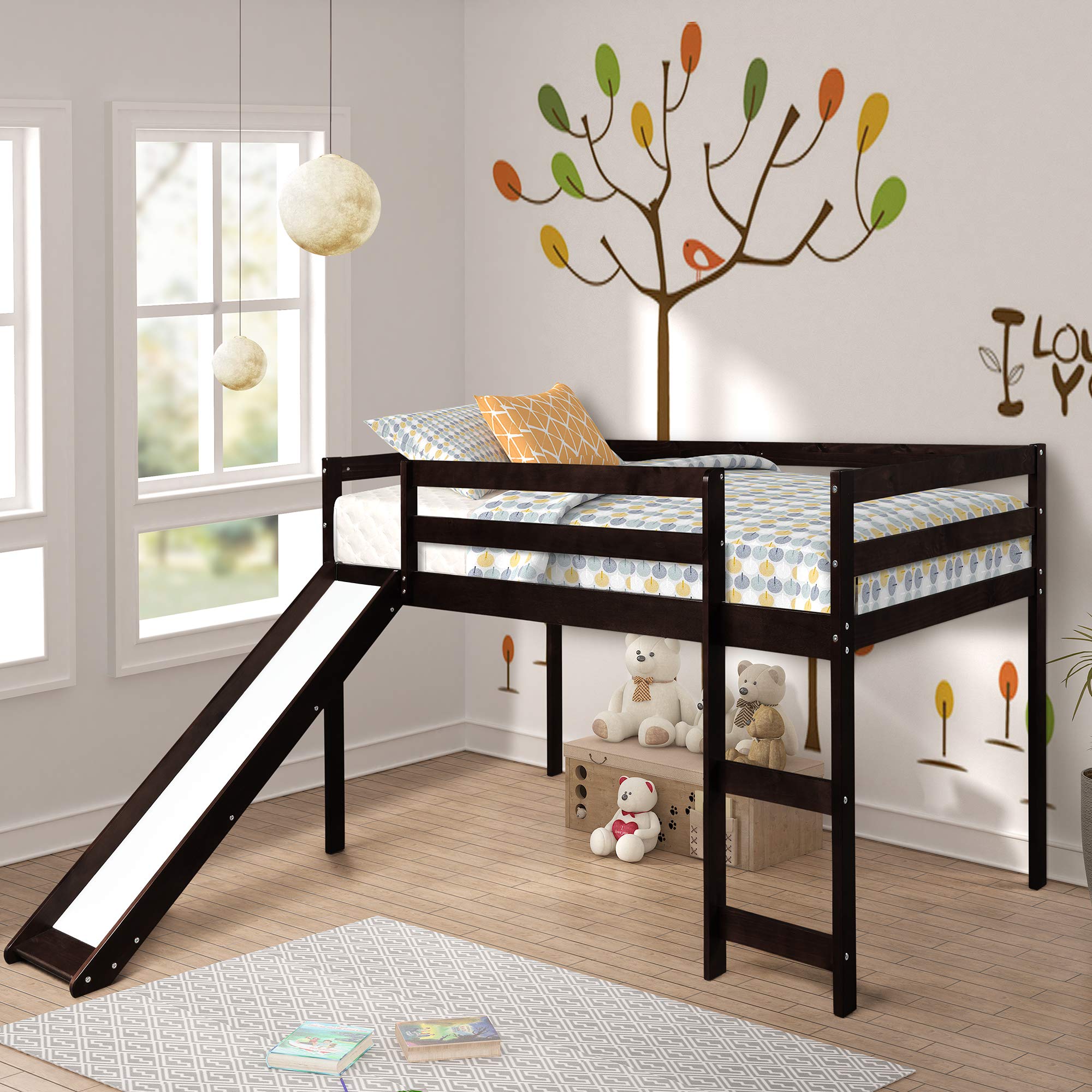 JULYFOX Twin Loft Bed with Slide for Kids - Solid Pine Wood Bunk Bed Frame with Ladder, Headboard & Guard Rails - No Box Spring Needed - Space-Saving Junior Bed for Teens & Small Rooms - Perfect for Bedrooms, Playrooms & Dormitories (Espresso)