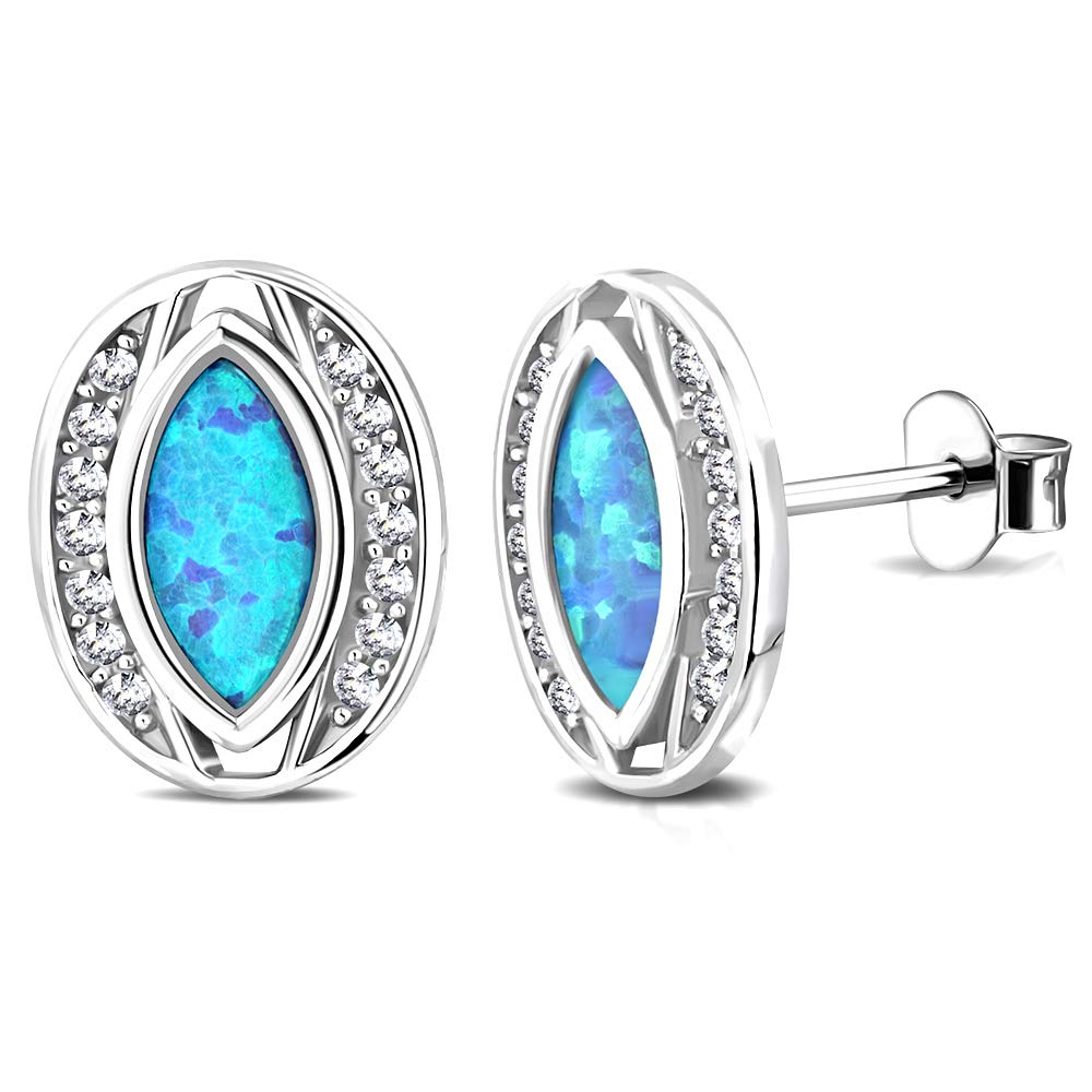 925 Sterling Silver Oval Stud Earrings with White CZ & Blue Simulated Opal - 0.45 Inch Elegant Jewelry for Women - Perfect for Parties, Weddings & Daily Wear