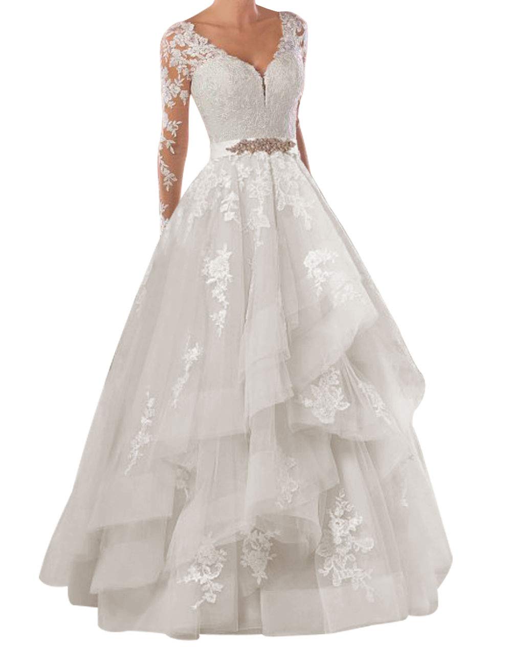 Elegant Lace Wedding Dress with Ruffles & Long Sleeves - Crystal Sash Bridal Gown for Romantic Ceremonies & Formal Events