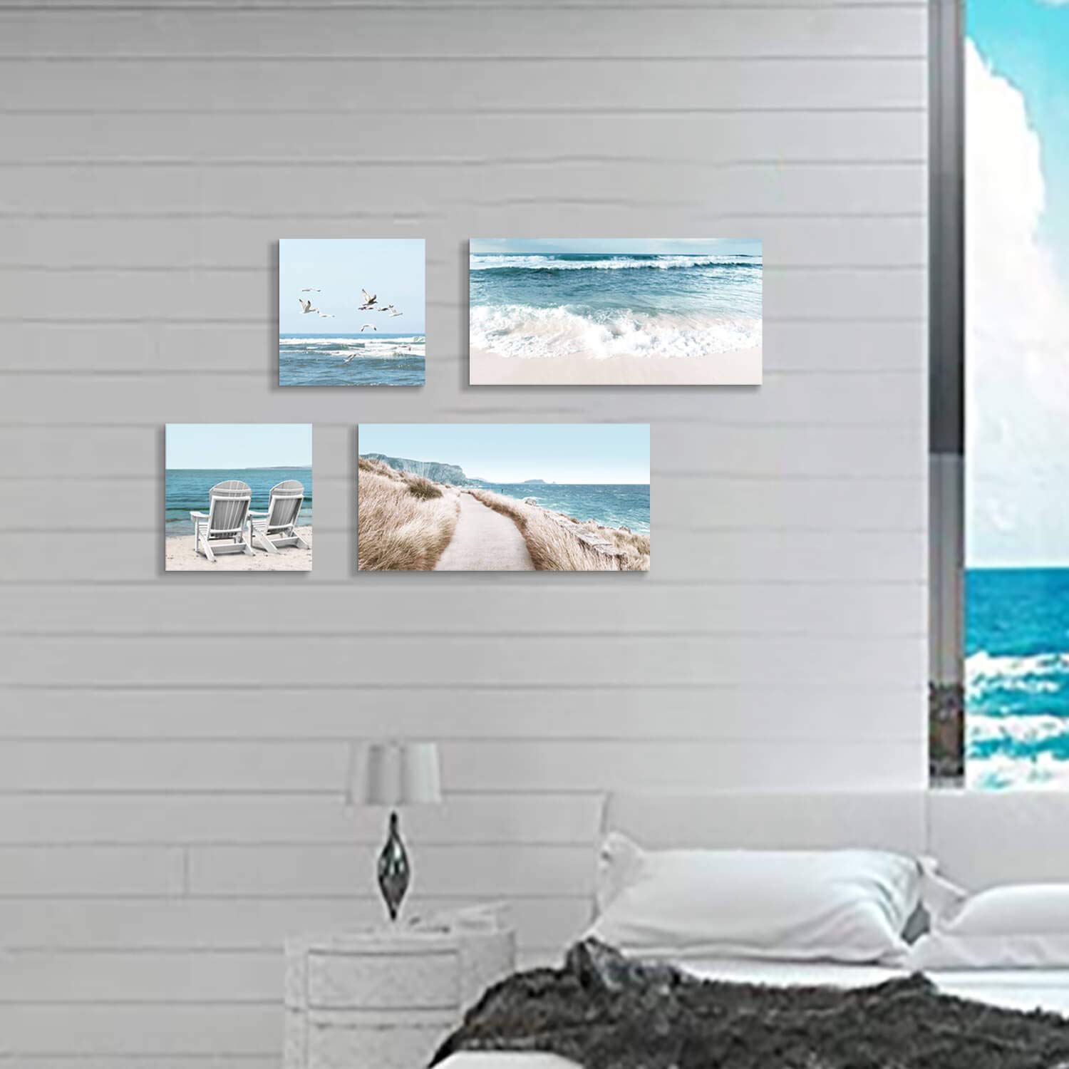 Coastal Beach Canvas Wall Art Set - 12x12 & 24x12 Inch Beach Chair & Seagull Painting Prints for Living Room, Bedroom Decor - Perfect for Beach House, Vacation Home & Coastal Style Interior Design