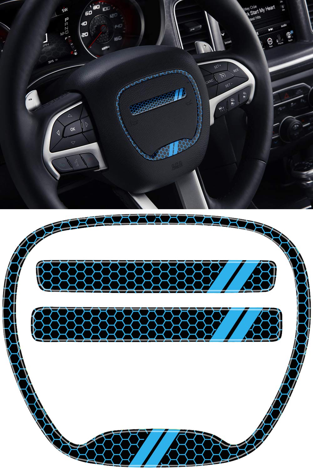 Premium 3D Domed Steering Wheel Cover Trim Kit for 2015-2022 Dodge Charger - Blue Badge Overlay Emblem Decal Sticker Set | Interior Car Accessories Upgrade | Perfect for Road Trips & Daily Commutes