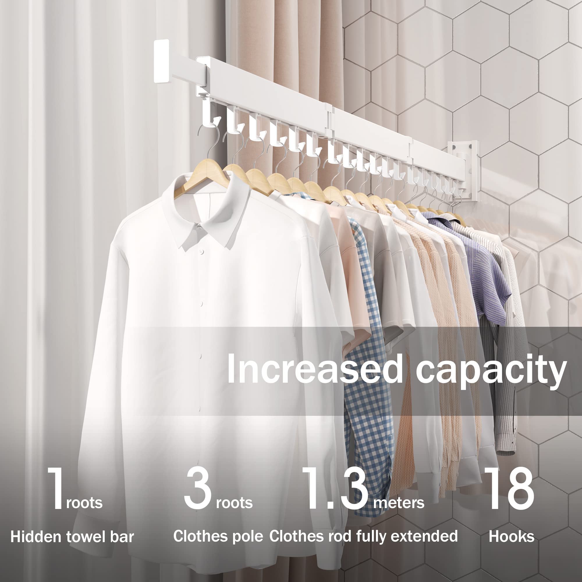 Wall Mounted Clothes Drying Rack - Space Saving Collapsible & Retractable Laundry Organizer with Hooks (White) - Perfect for Small Apartments, Bathrooms & Balconies
