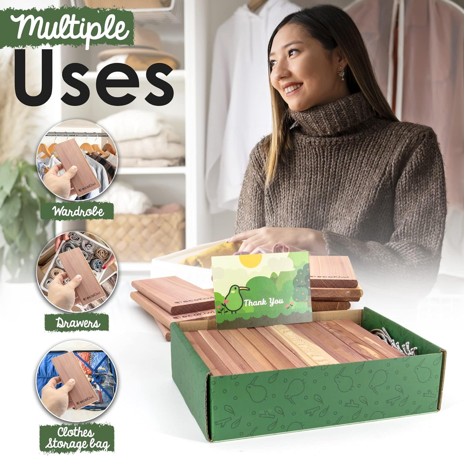 EcoKiwi Cedar Blocks for Closets - 20 Pack Natural Cedar Wood Storage for Clothes & Drawers - Fresh Scented Wardrobe Organizer