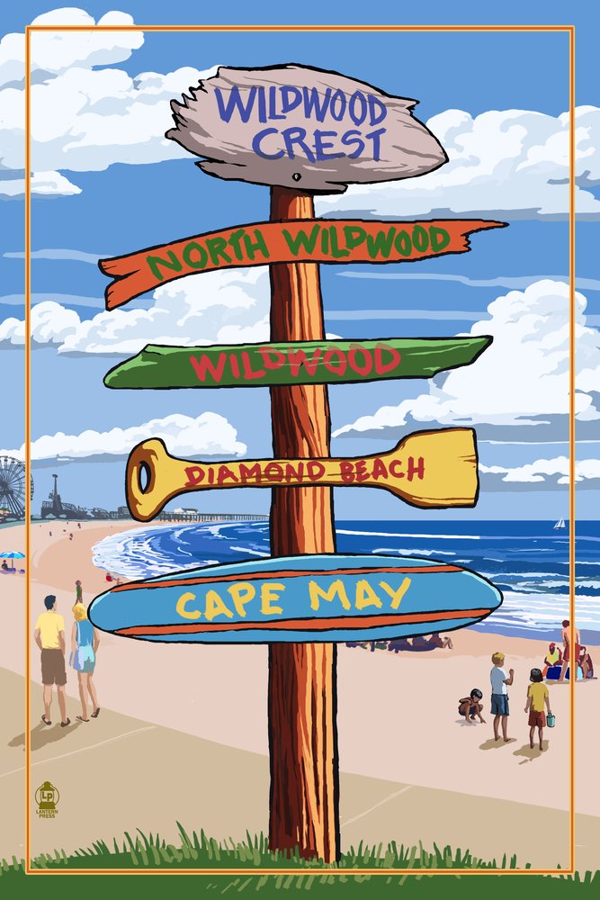 Wildwood Crest New Jersey Destinations Sign 49123 - 24x36 Signed Art Print, Wall Decor Poster for Home, Office & Coastal Themed Spaces