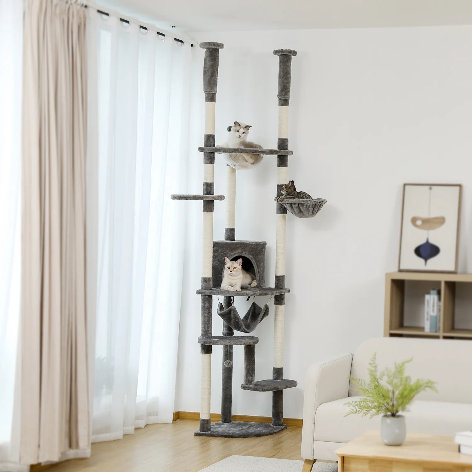 Adjustable Floor to Ceiling Cat Tree with Perch & Scratching Post - Grey - Perfect for Small Spaces & Apartment Living for Cats