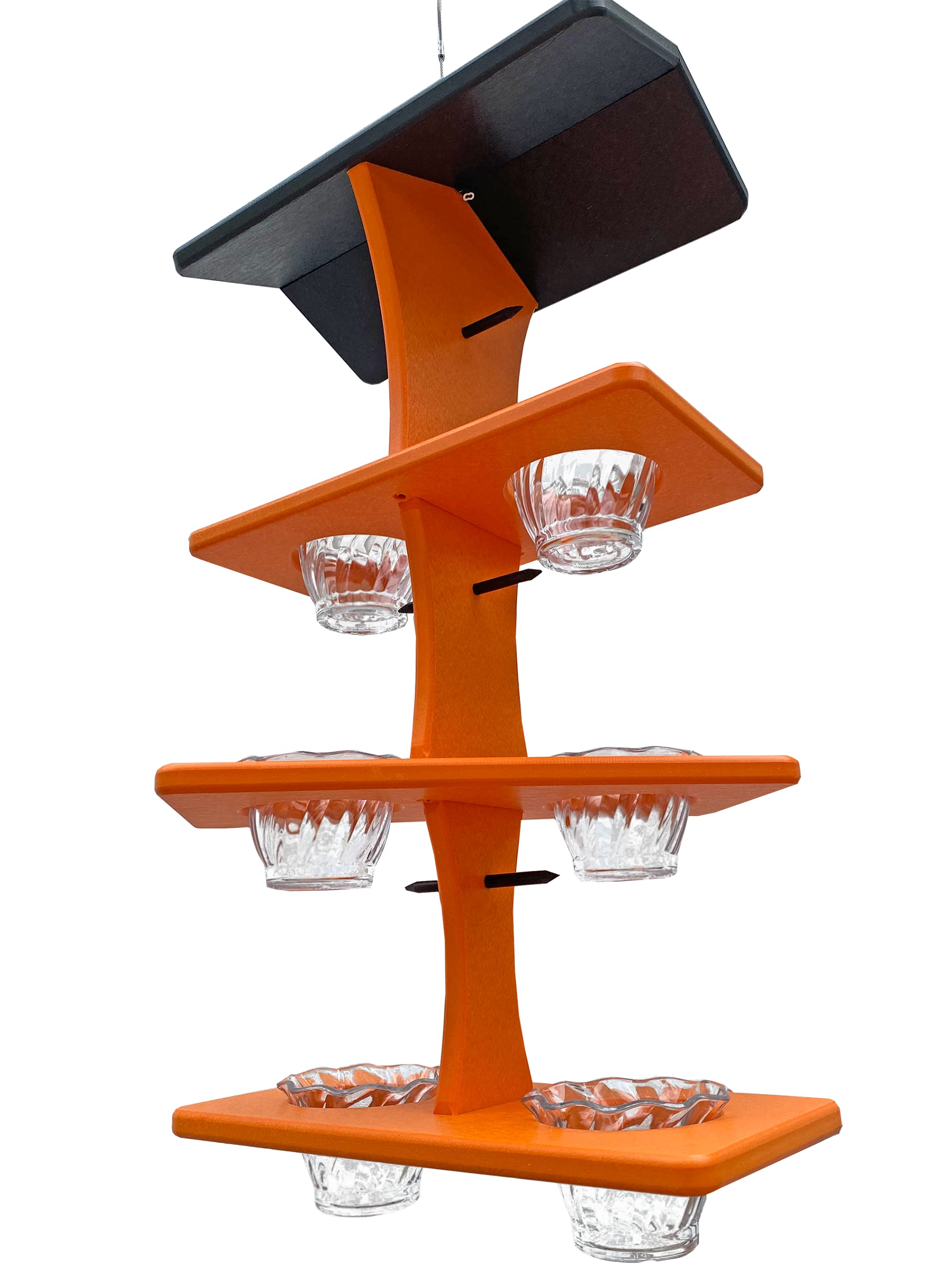 Amish-Made Plastic Poly Double Platform Hanging Oriole Bird Feeder with Fruit Slice Holders & Nectar Cups - Outdoor Jelly Bird Feeders for Orioles (Triple, Black & Bright Orange) | Perfect for Backyard Bird Watching & Garden Decoration