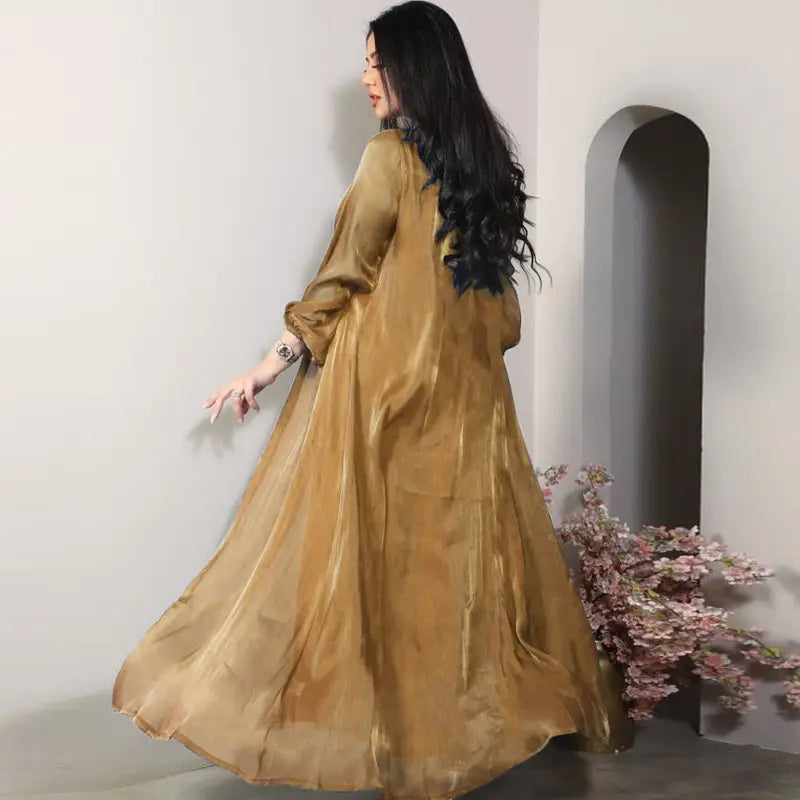 2 Piece Set Bright Satin Open Abaya Dress with Inner Sleeveless Dress - Muslim Prayer Dress, Eid Outfit, Ramadan Fashion, Modest Evening Wear for Women