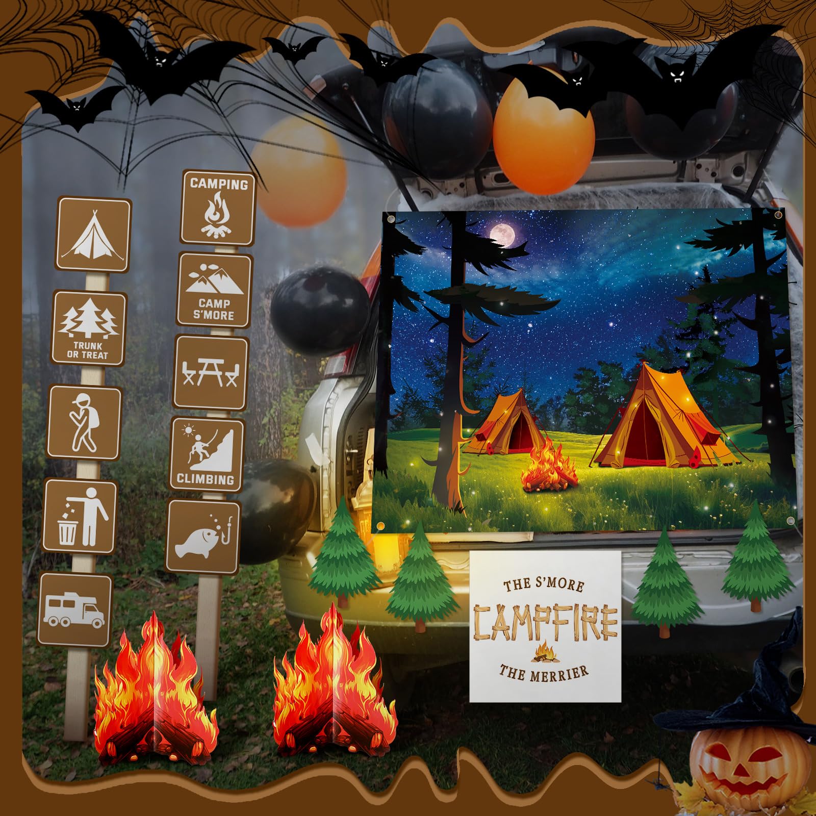Frienda 18-Piece Halloween Trunk or Treat Car Decorations Kit - SUV & Camping Backdrop Cutouts, Cardboard Campfire Centerpiece - Perfect for Garage Door, Entryway, Halloween Party & Outdoor Camping Decorations