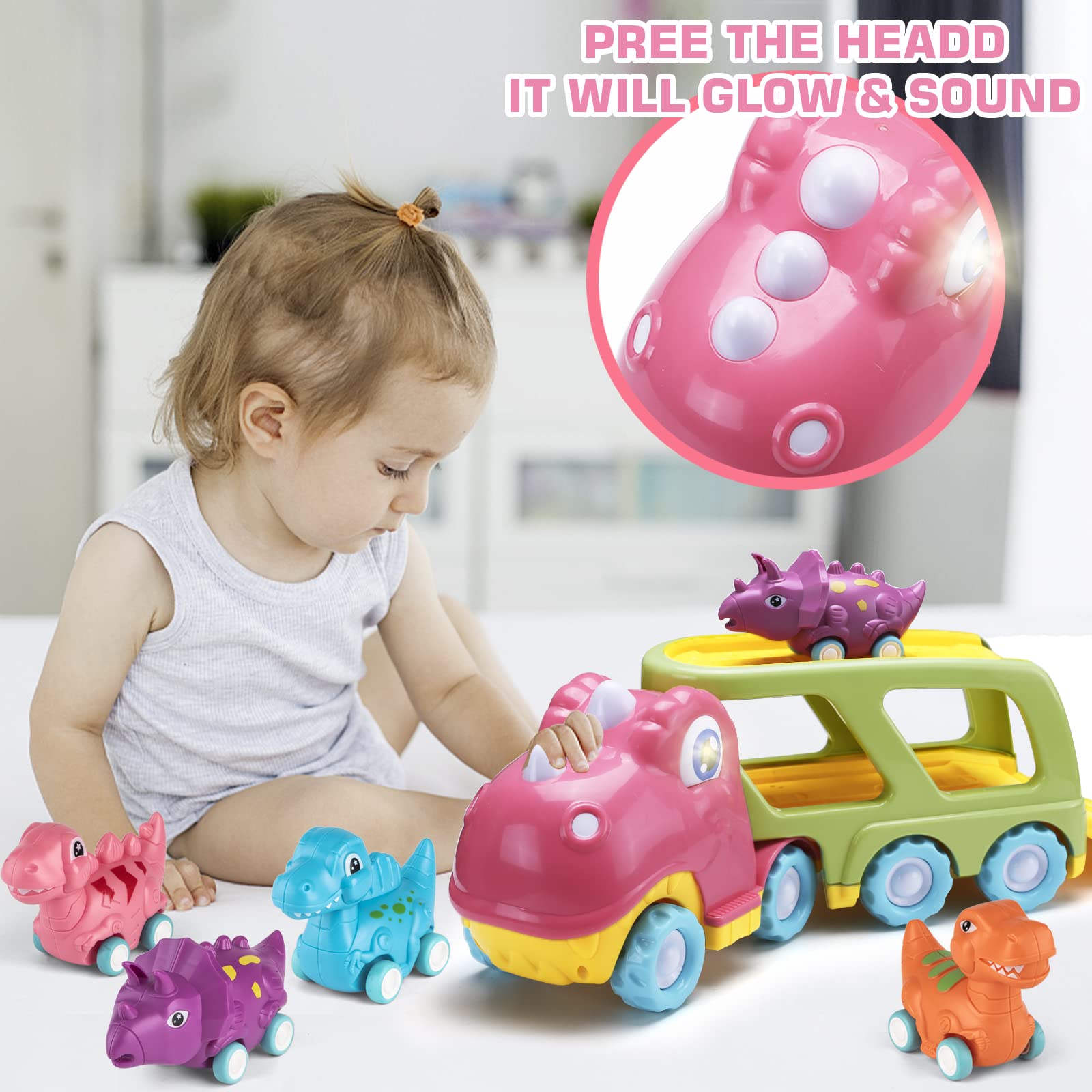 Dinosaur Car Toy for Toddler Girls - Pink Dino Carrier Truck with 4 Mini Pull Back Cars, Realistic Lights & Sounds | Educational Toys for Kids Ages 3+ | Perfect Birthday Gift & Pretend Play for Preschoolers