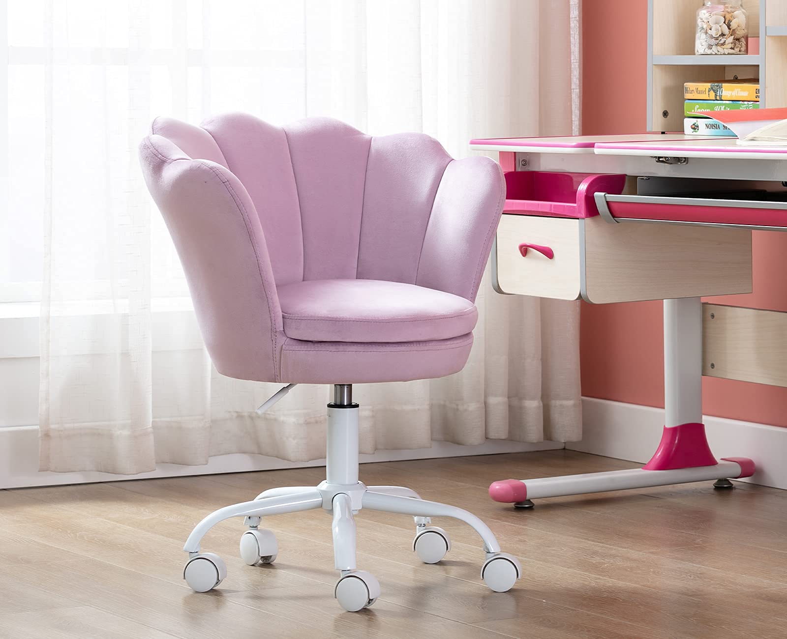 Velvet Kids Desk Chair with Seashell Back - Adjustable Swivel Study Chair for Teens, Children's Computer Homework & Vanity - Purple Accent Armchair for Living Room, Bedroom & Study Area