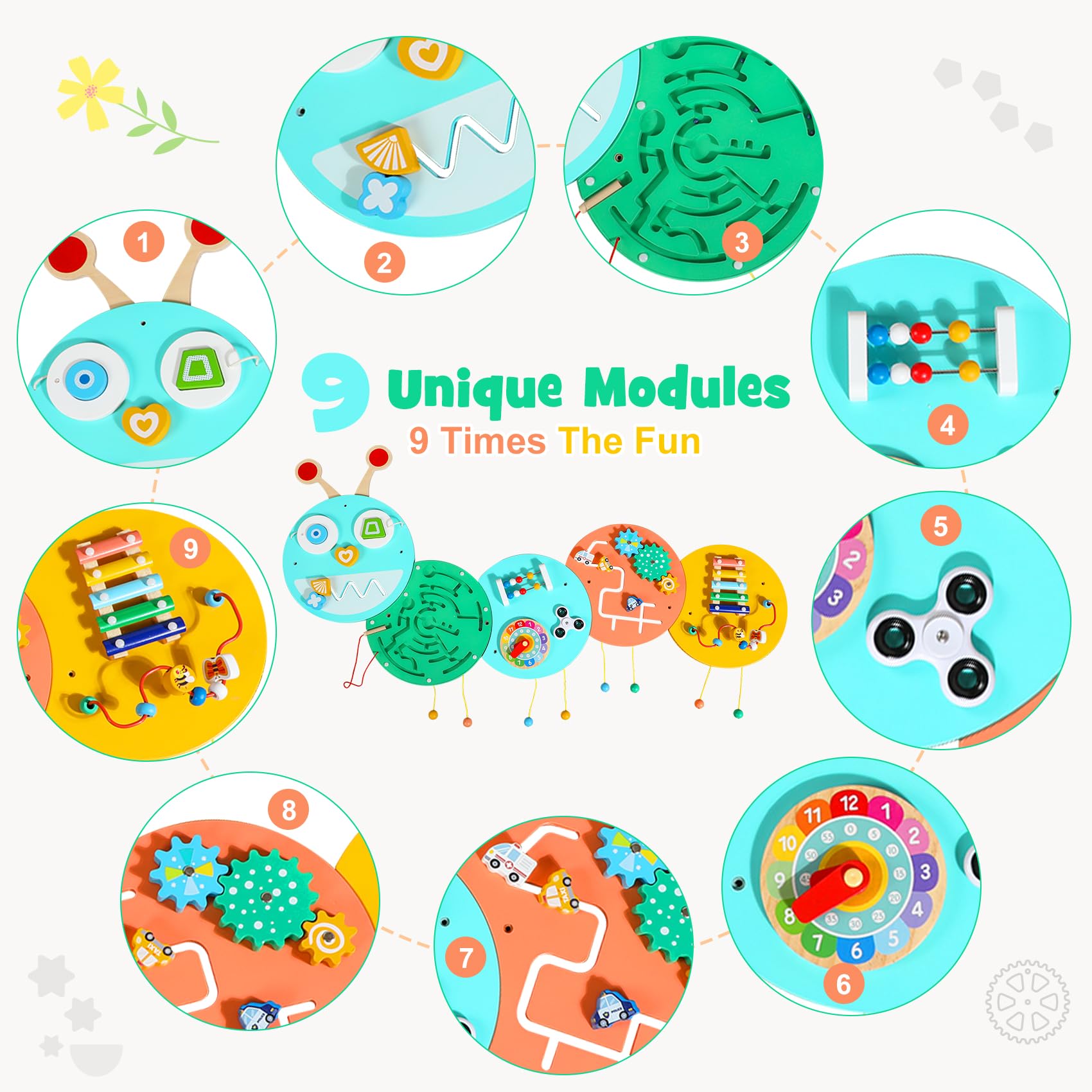 Montessori Sensory Busy Board for Toddlers - Wall Activity Panel with Caterpillar Design, Learning Toys for Daycare & Playroom - Perfect for Early Childhood Development & Sensory Play