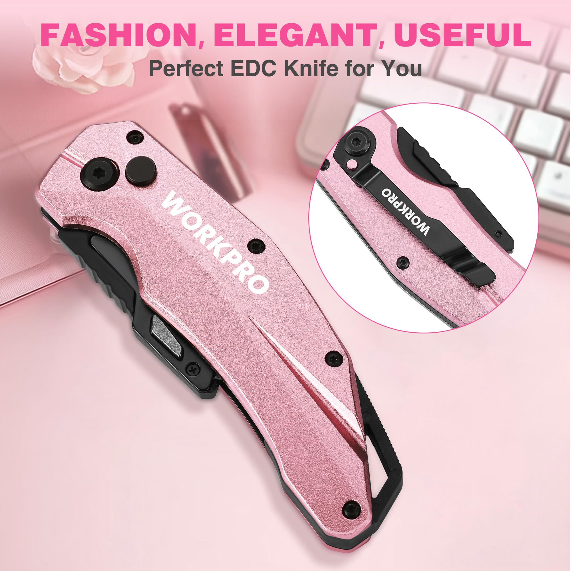 WORKPRO Folding Utility Knife - Quick Change SK5 Box Cutter with Aluminum Handle & 10 Extra Blades - Pink Ribbon Design for Cutting Boxes, Cartons, Cardboard - Perfect for Warehouse, Office, Shipping & Home Use