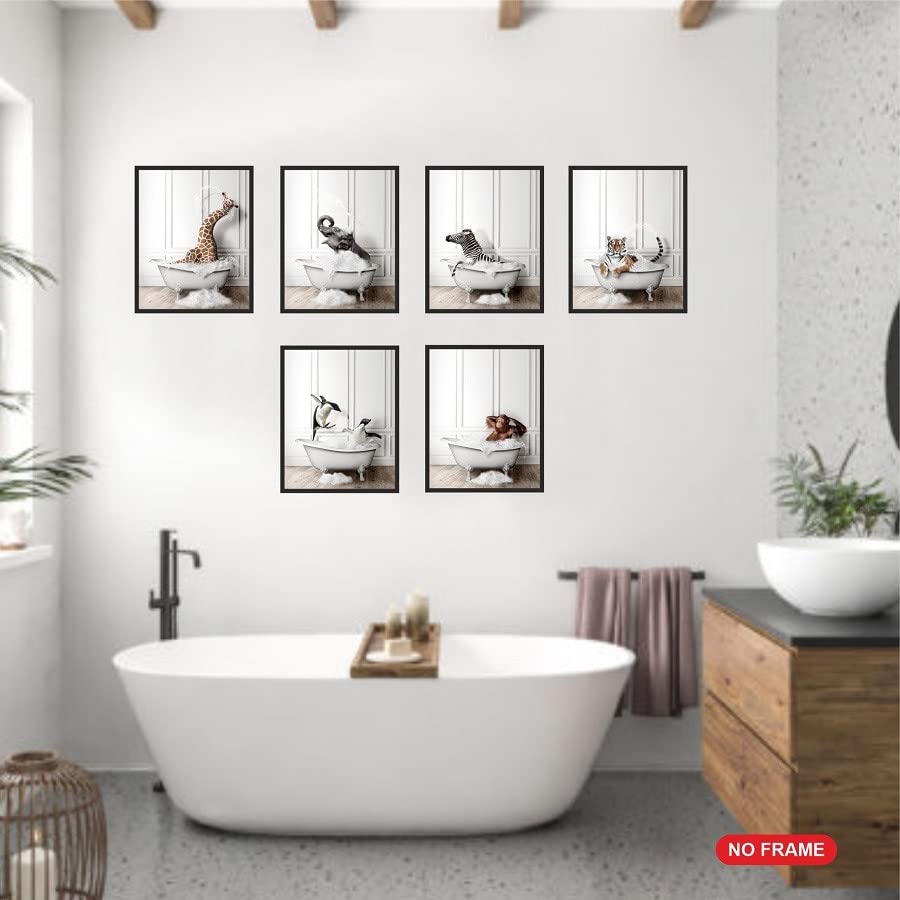 Funny Bathroom Wall Art Prints - Set of 6 Animal Posters (8x10 Inch) for Kids & Home Decor