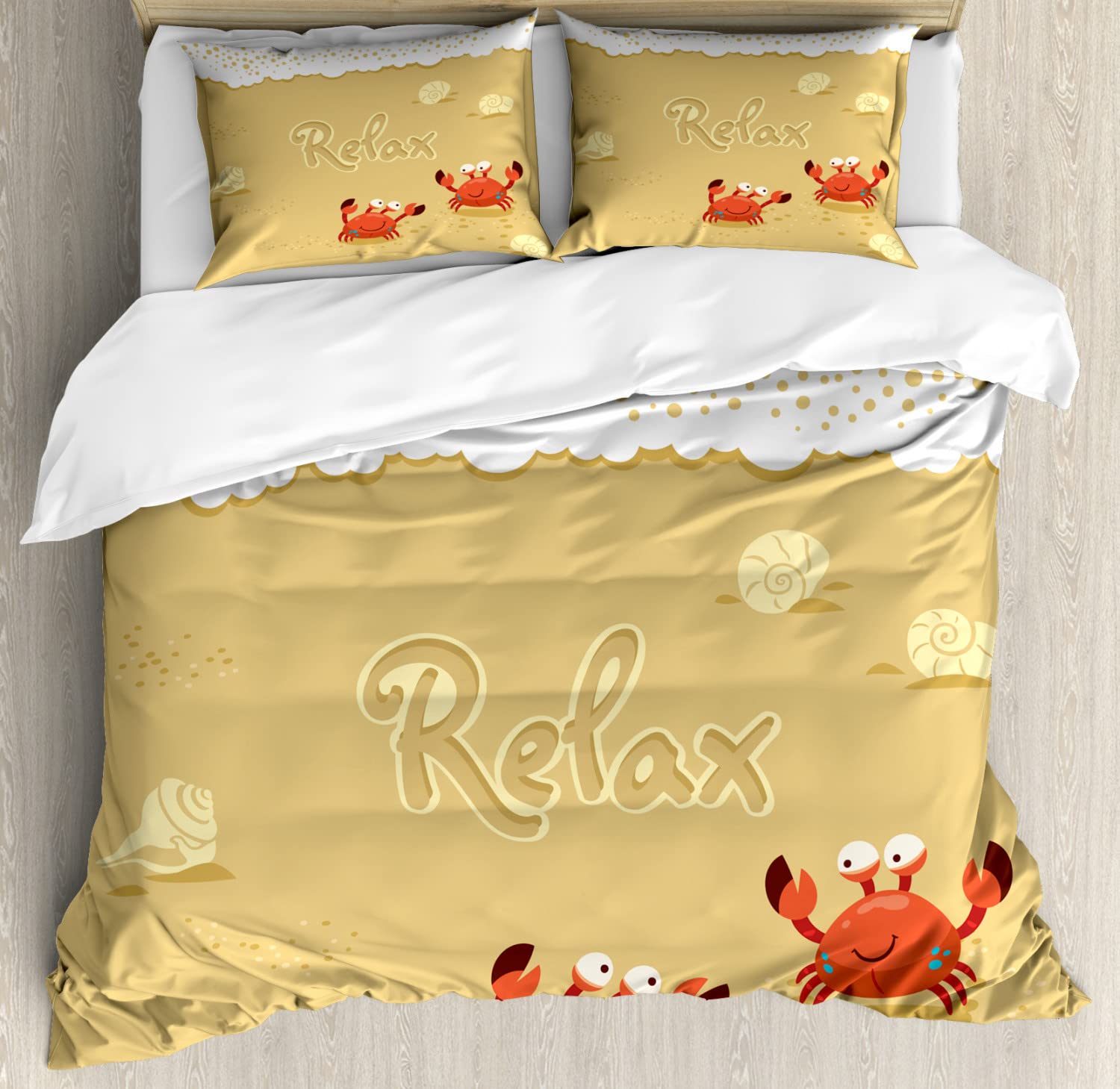 Ambesonne Crabs Duvet Cover Set - Funny Summer Beach Holiday Vacation Theme with 2 Duvet Covers & 4 Pillowcases, 2-Pack California King Size in Sand Brown & White | Perfect for Coastal Bedroom Decor, Summer Beach House Styling, and Themed Guest Room Makeovers