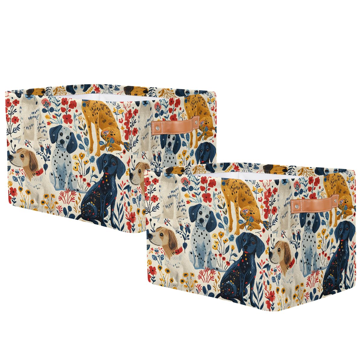 Cartoon Hand-Drawn Dog Foldable Storage Baskets with Handles - 2 Pack Decorative Organizer Bins for Shelves, Home & Office | Perfect for Bedroom, Bathroom, and Kids' Room Storage