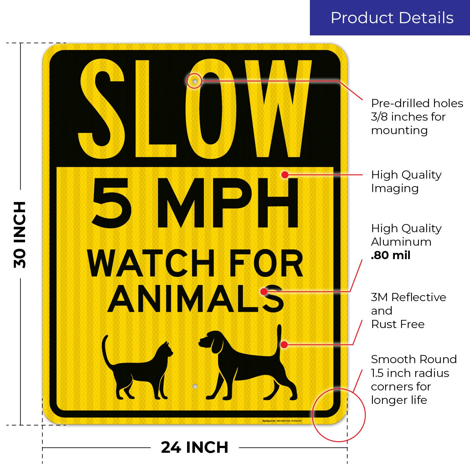 Slow 5 MPH Watch for Animals Sign - 24x30 Inches Reflective Traffic Sign | 3M EGP .080 Aluminum, Fade Resistant | Indoor/Outdoor Use, Made in USA | Perfect for School Zones, Residential Areas & Wildlife Crossings