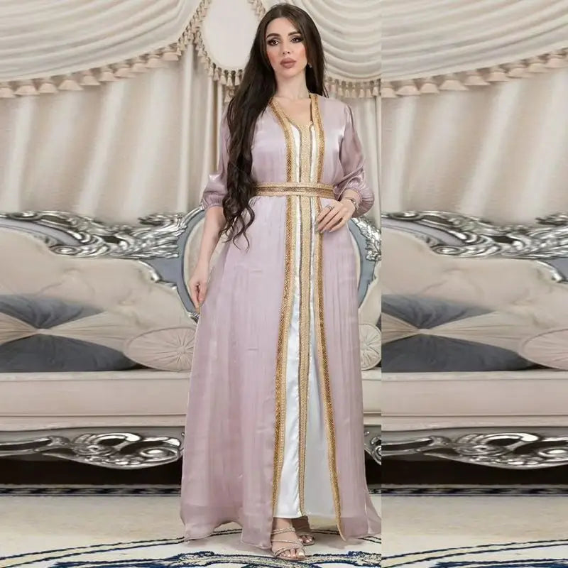 Elegant 2-Piece Eid Dress Set - Hotfix Rhinestone Satin Open Abaya Kaftan with Matching Sleeveless Inner Dress | Perfect for Eid Celebrations, Weddings & Special Occasions