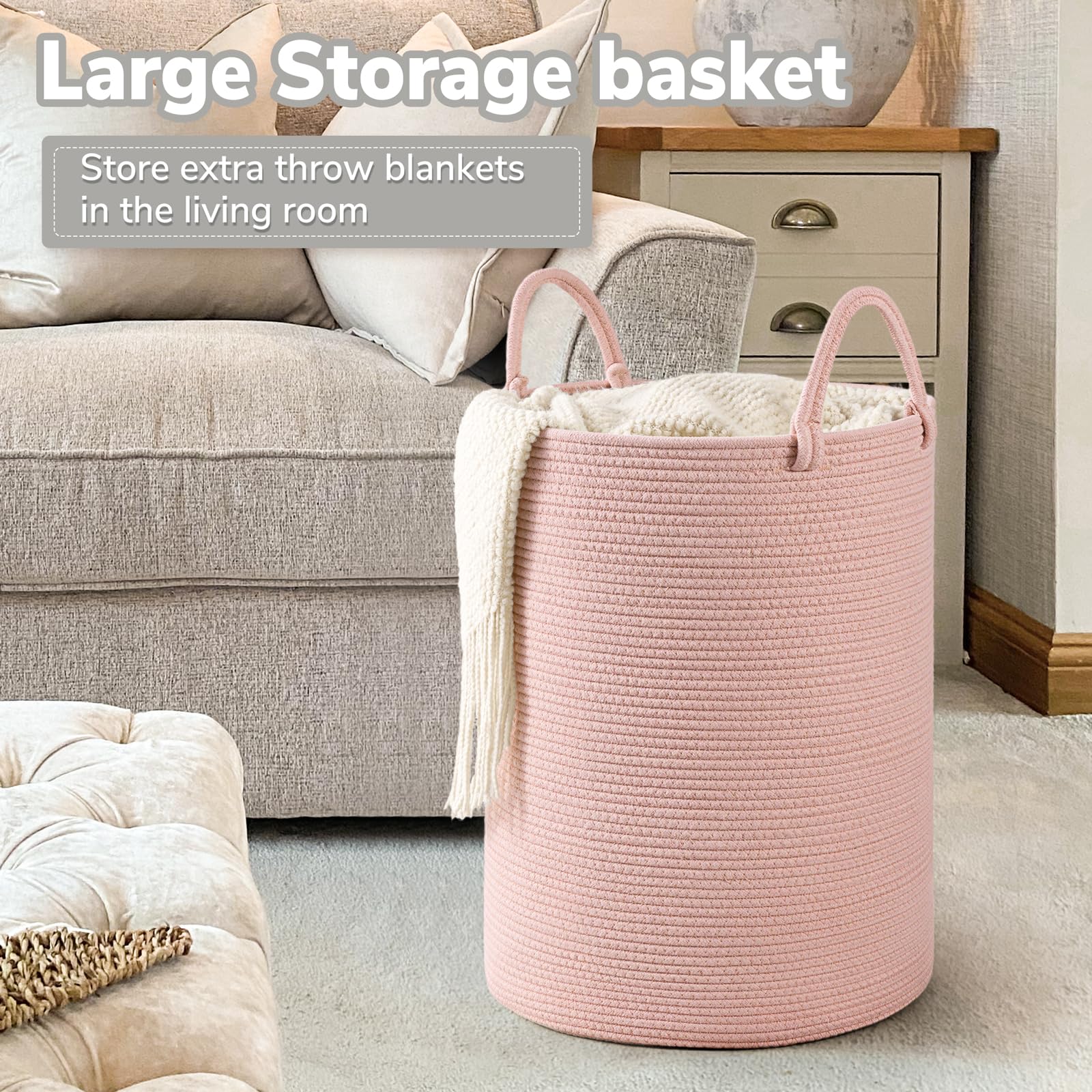 INDRESSME Pink Laundry Basket for Girls & Kids - Woven Rope Storage Hamper for Nursery, Bedroom & Living Room - Tall Toy & Blanket Organizer Bin (19.7 x 13.8 Inches) - Perfect for Kids' Room Decor, Clothes Storage & Playroom Organization