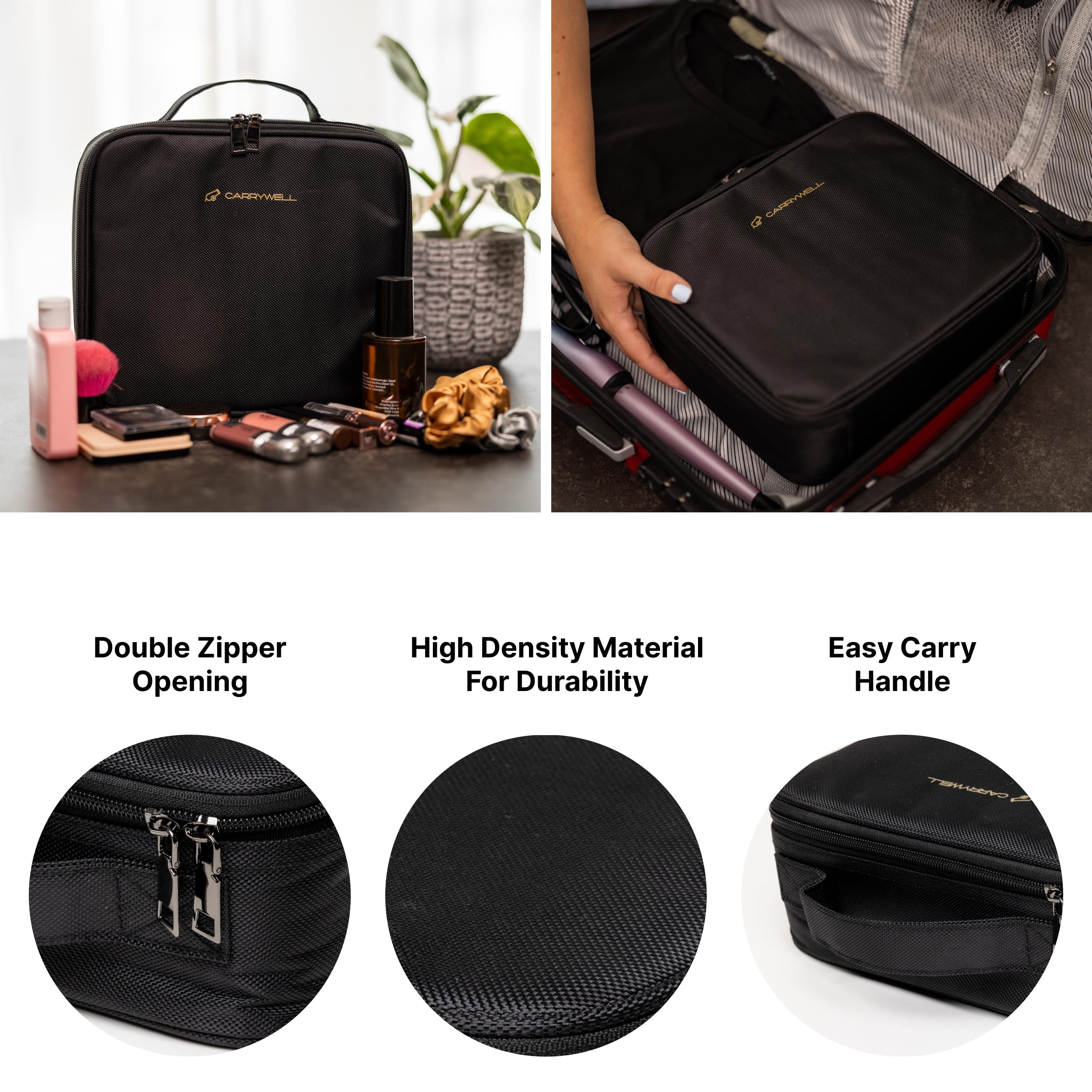 Travel Makeup Train Case Organizer - Adjustable Dividers for Cosmetics & Jewelry - Perfect for Travel & Storage (Black)