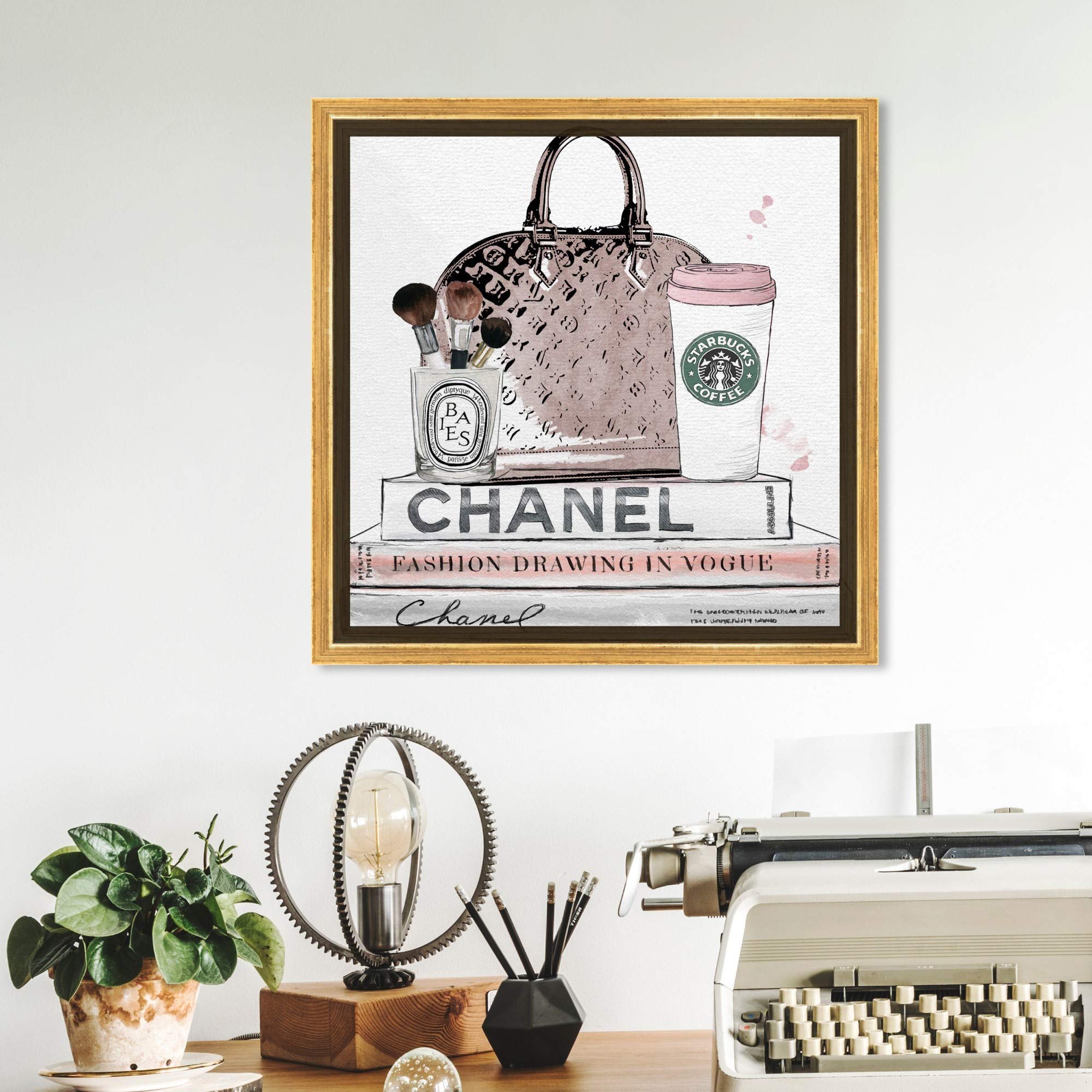Blush and Make Up Brush Framed Wall Art Canvas Prints - Fashion & Glam Home Decor for Bedroom, Living Room, Salon, or Makeup Studio