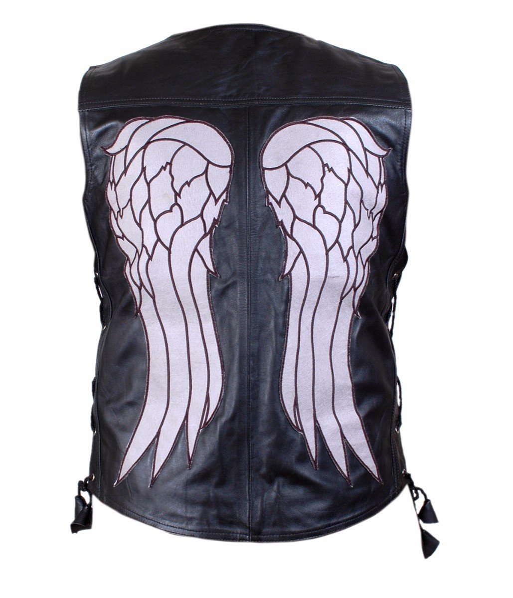 The Walking Dead Norman Reedus Angel Wings Biker Vest - Genuine Lambskin Leather Jacket for Cosplay & Motorcycle Riding | Perfect for Halloween, Comic Con & Biker Events