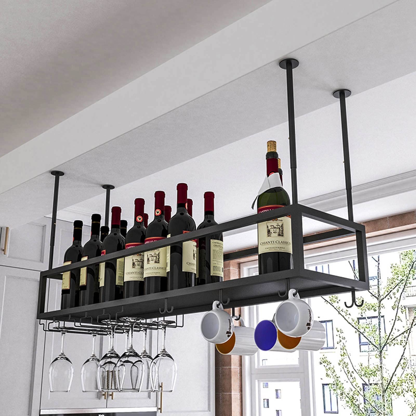 Black Iron Ceiling Hanging Wine Rack - Adjustable Height (60x25x21cm) for Wine Bottles & Glass Goblets Storage | Rustic Bar, Kitchen Decor | Perfect for Dining Rooms, Restaurants & Home Wine Cellars