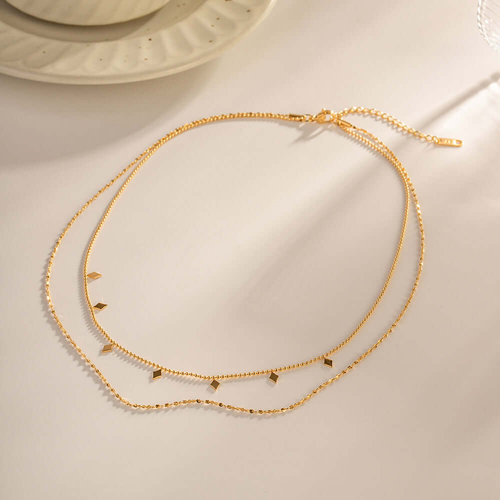 18K Gold Plated Geometric Double Strand Chain Necklace for Women - Elegant Layered Statement Jewelry for Parties, Date Night & Special Occasions | JDN120
