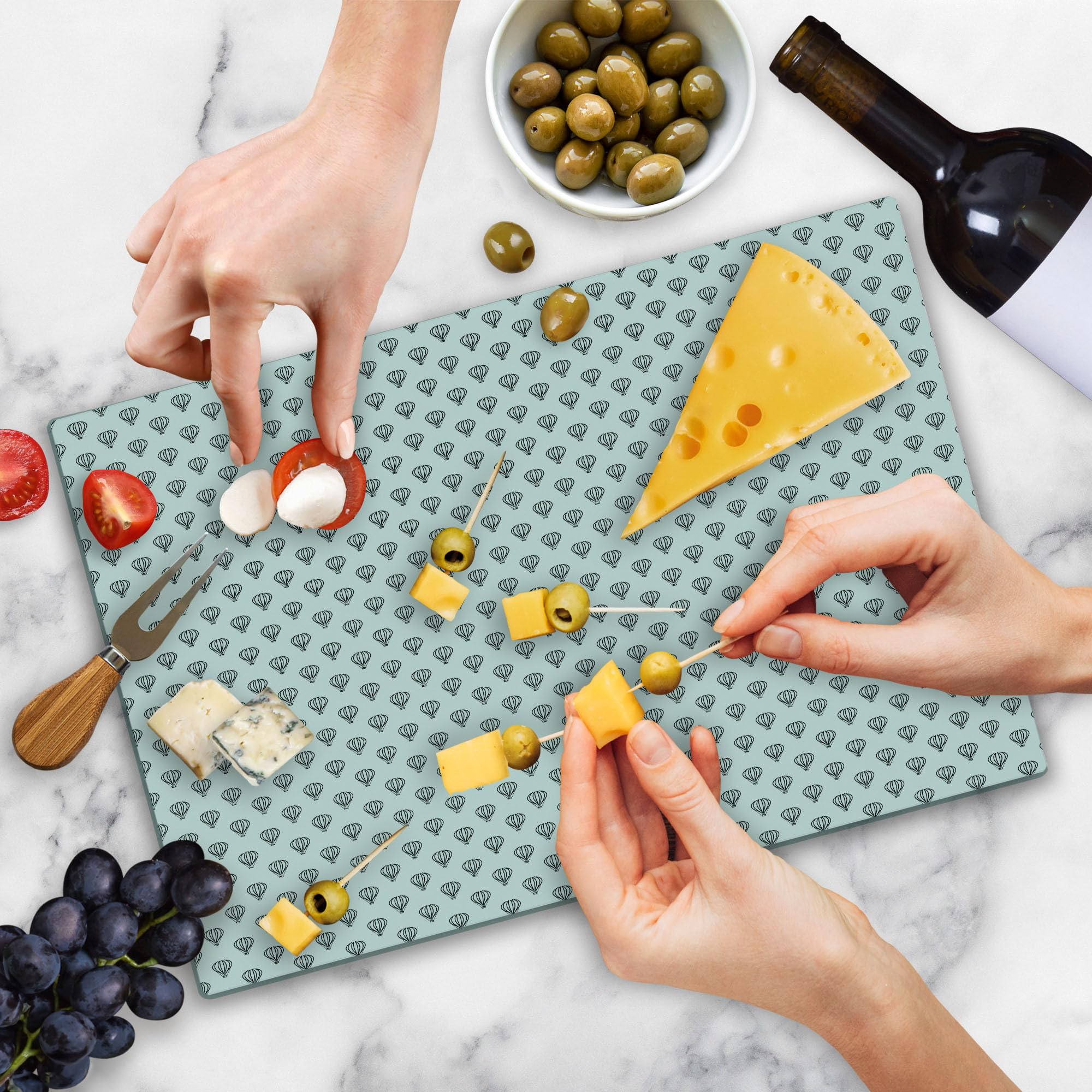 Ambesonne Hot Air Balloon Tempered Glass Cutting Board - Large Monochrome Travel Adventure Design - Durable Kitchen Serving Board for Cheese, Charcuterie & Entertaining - Charcoal Grey & White