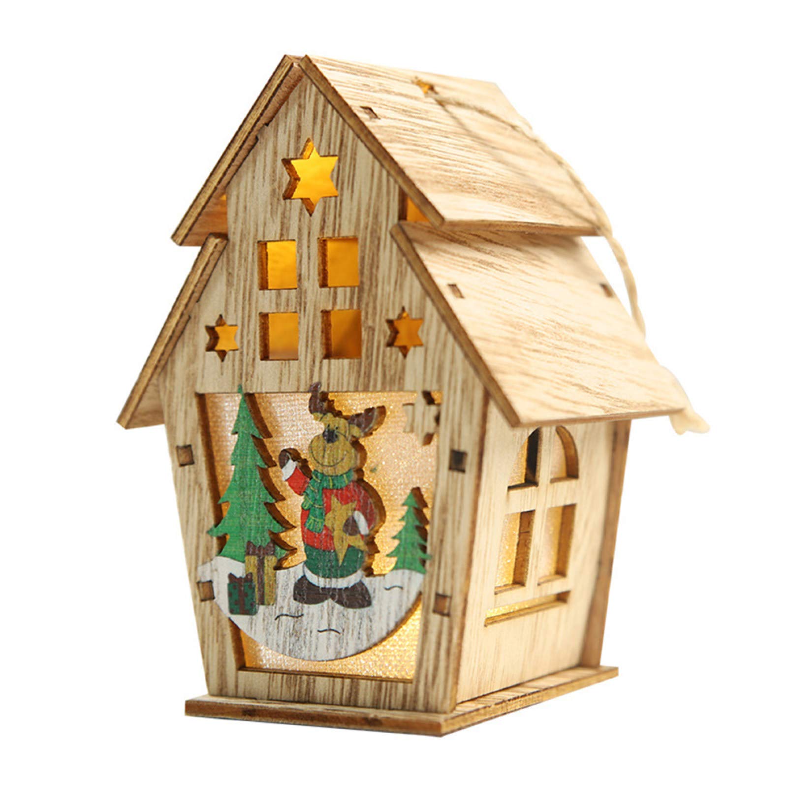 Gaweb Christmas Snowman Santa LED Light Wood House Hanging Ornament - Holiday Wedding Party Tree Decor Gift (9