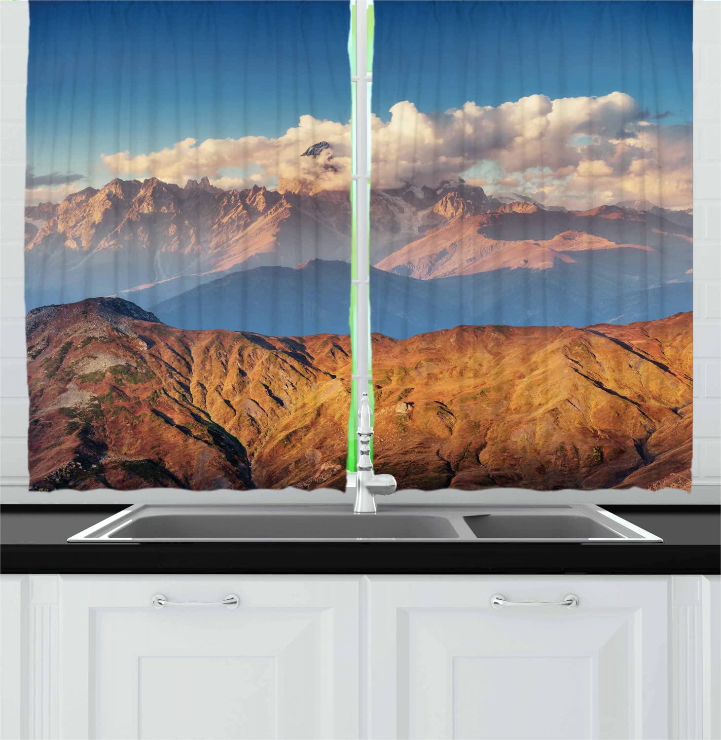 Ambesonne Landscape Long Kitchen Curtains - Svaneti Georgia Foggy Mountain Pass Europe Highlands Photography - Brown Blue White Drapes with Rod Pocket (55