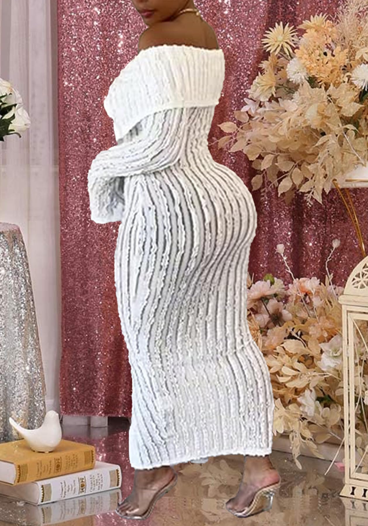 Elegant Off Shoulder Long Sleeve Ruffle Mesh Bodycon Dress for Women - Sexy Button Down Party Dress for Evening, Date Night & Special Occasions