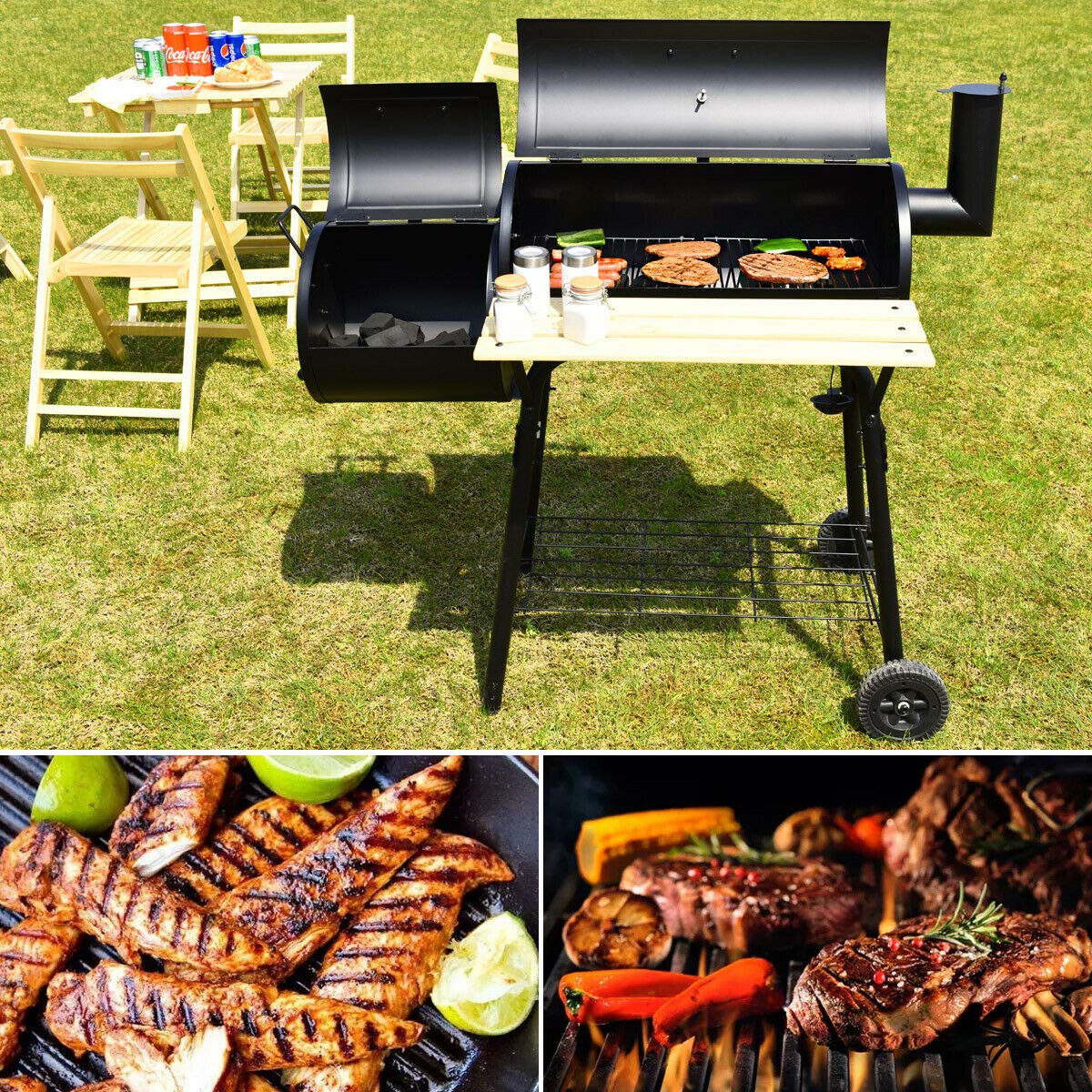 Premium Offset Smoker Grill - Heavy Duty Stainless Steel Charcoal BBQ for Outdoor Cooking, Backyard Patio, Camping & Tailgating