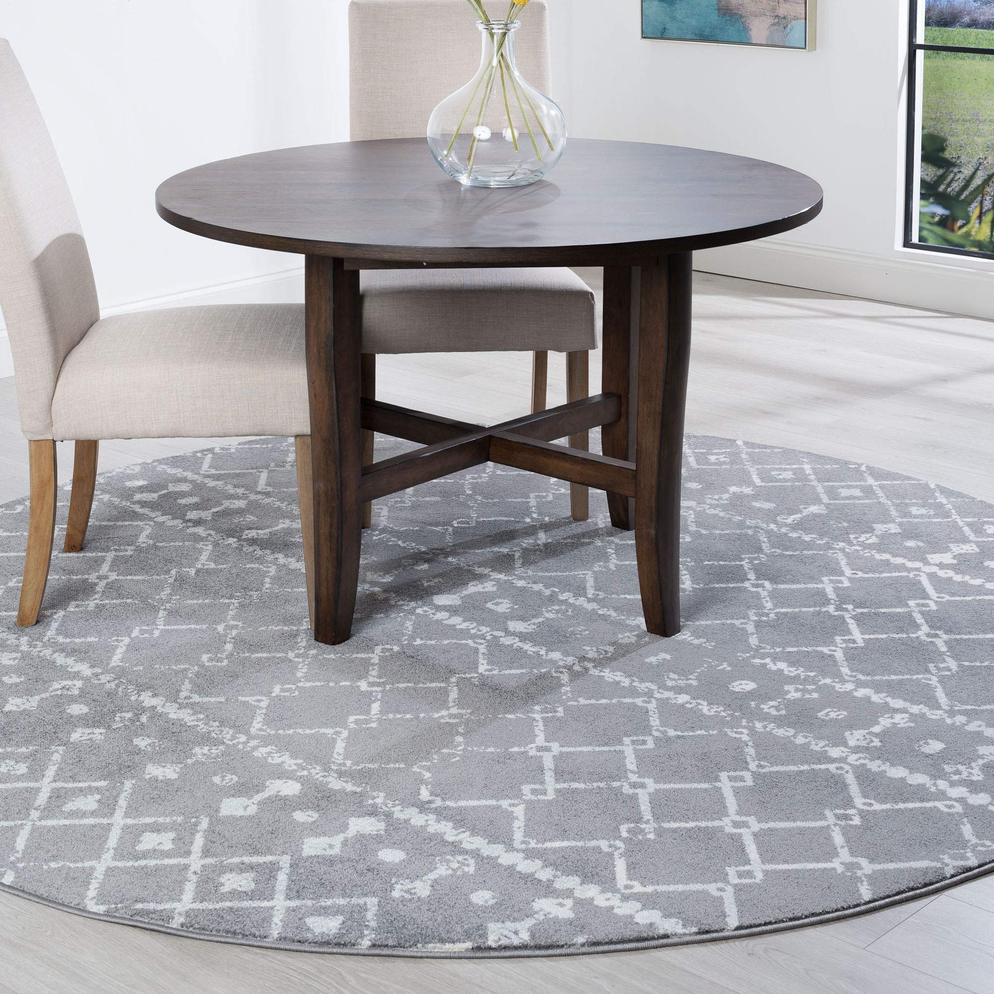 8ft Round Boho Area Rug - Ayden Gray Geometric Design for Living Room, Bedroom, Dining Room & Entryway - Soft Indoor Carpet Perfect for Home Decor & Cozy Spaces