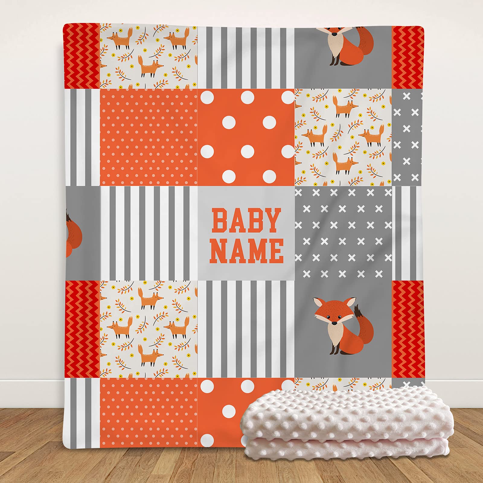 Personalized Baby Name Blanket - Custom Fox & Woodland Themed Patchwork Blanket for Boys & Girls | Ultra Soft Double Layer Minky Dot Blanket | Perfect for Nursery, Gift Giving & Photo Shoots