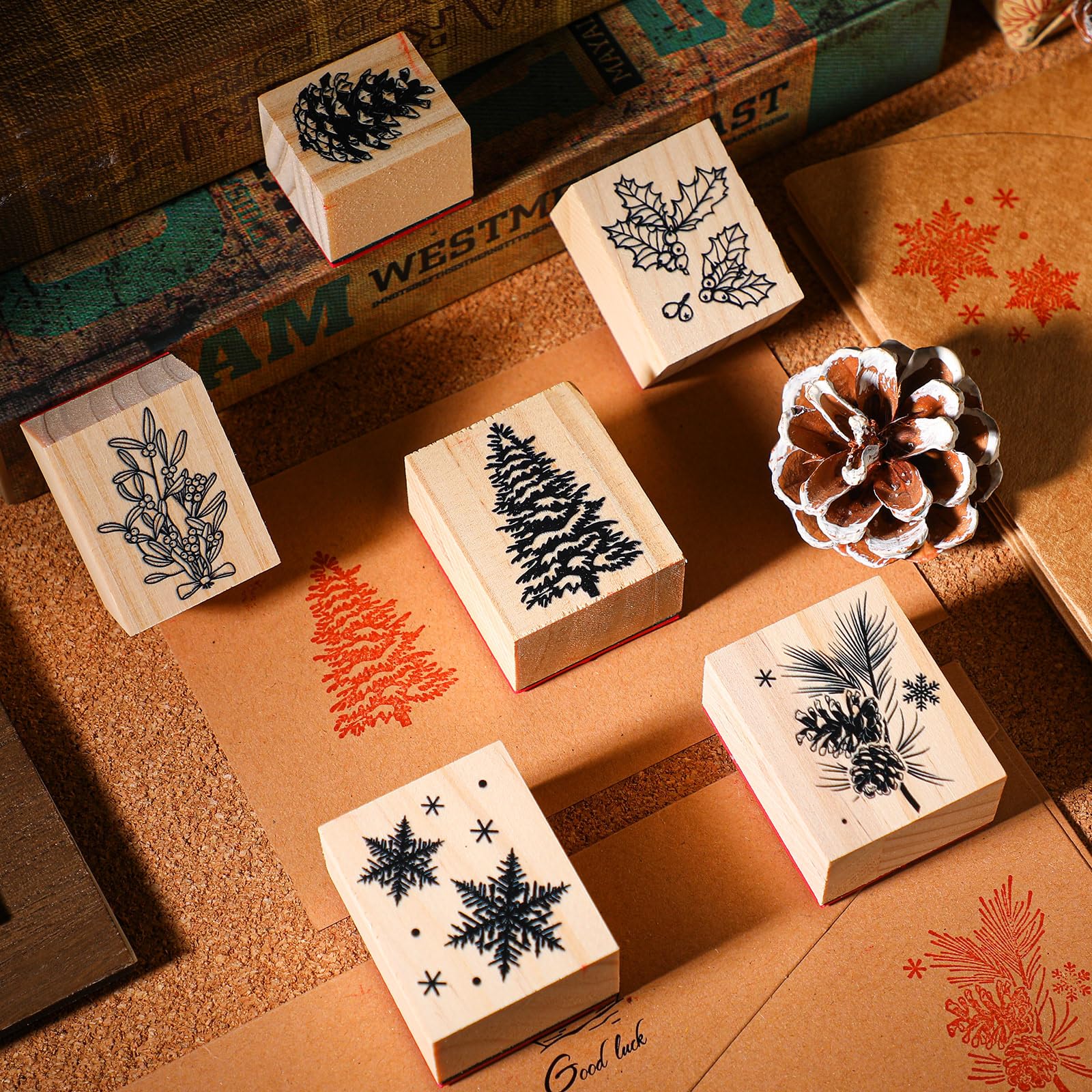 6-Piece Vintage Christmas Rubber Stamp Set - Merry Christmas, Snow, Tree Designs for DIY Scrapbooking, Card Making & Handcrafting - Perfect for Holiday Greeting Cards, Gift Wrapping & Craft Projects