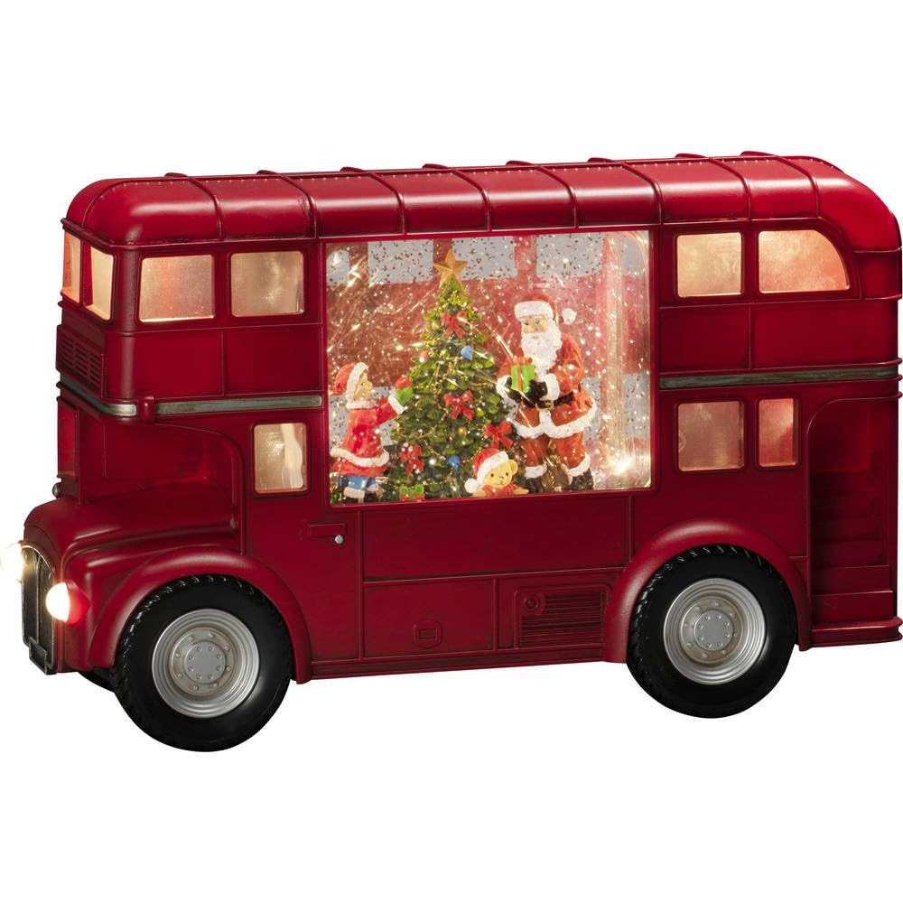LED Snow Globe Christmas Decorations - London Bus with Santa Claus & Kids, Indoor Holiday Lantern with 5 Warm White Diodes, Battery Operated (3xAA), 5-Hour Timer, Red Color - Perfect for Home, Office, and Christmas Party Decor