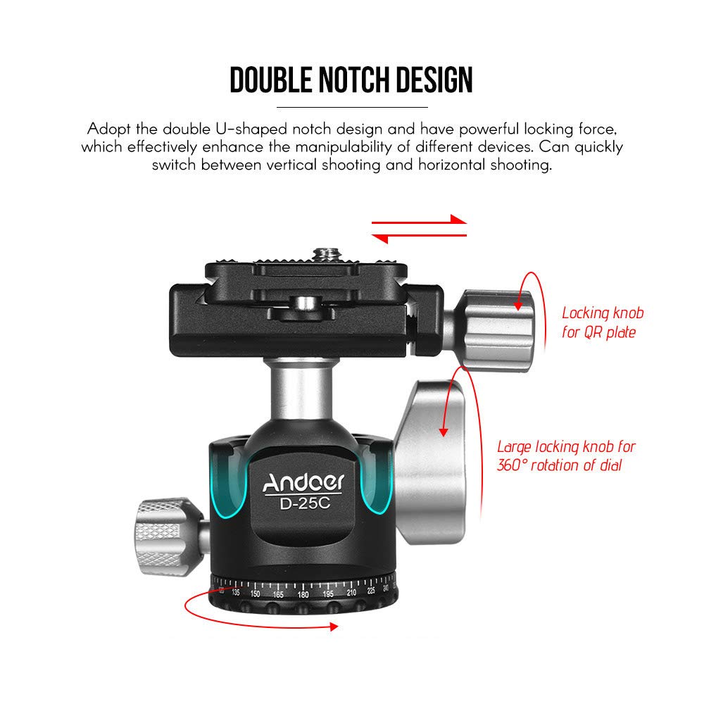 D-25C CNC Machined Aluminum Alloy Double Notch Ball Head - Low Profile Mini Ballhead with 10kg Load Capacity for Manfrotto Tripods & Monopods - Perfect for DSLR/ILDC Cameras, Vlogging & Outdoor Photography