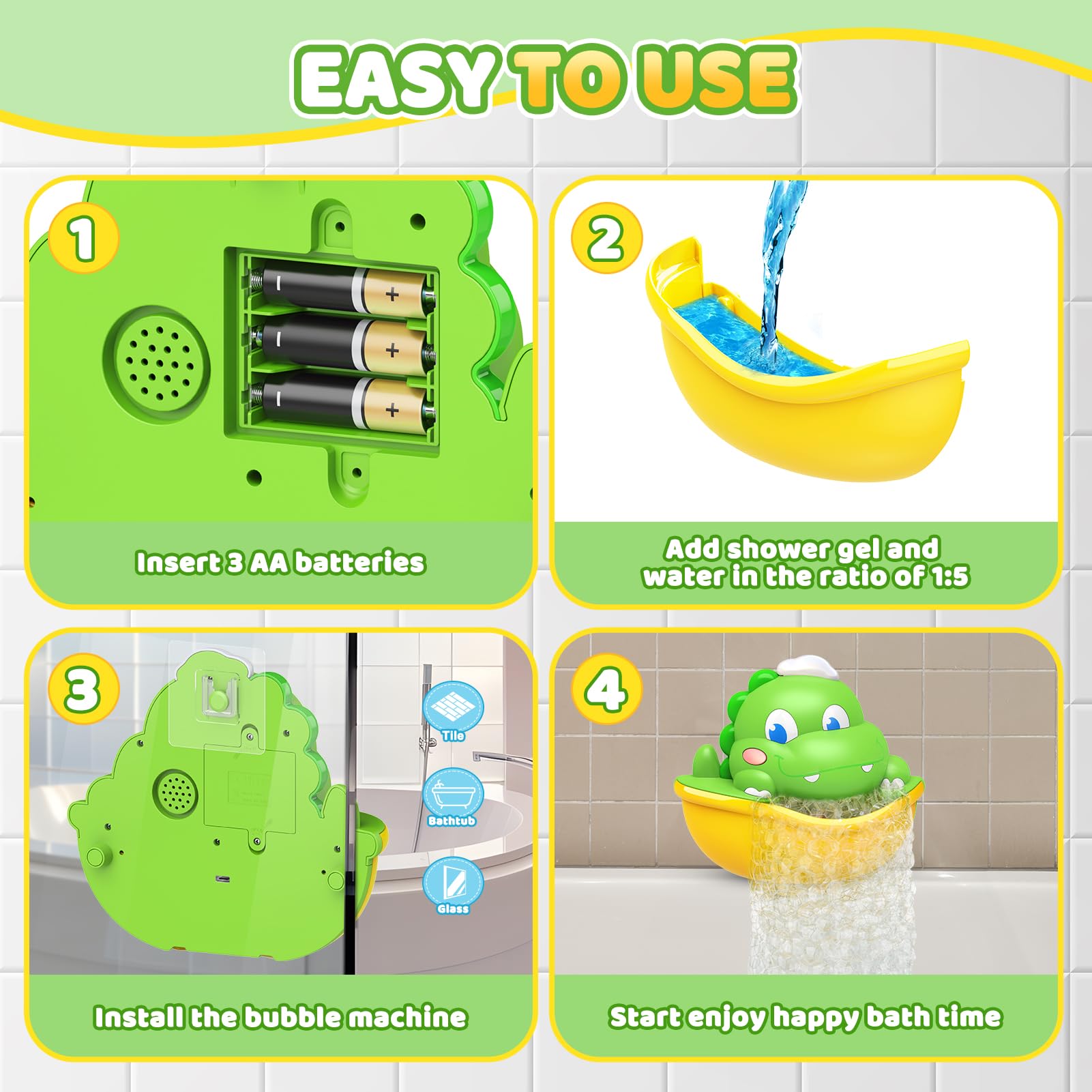 Light-Up Baby Bath Toys with Automatic Bubble Maker - Fun Bath Time Dinosaur Toys for Kids Ages 1-8 - Easter Basket Stuffers & Toddler Bath Accessories for Sensory Play and Learning Development