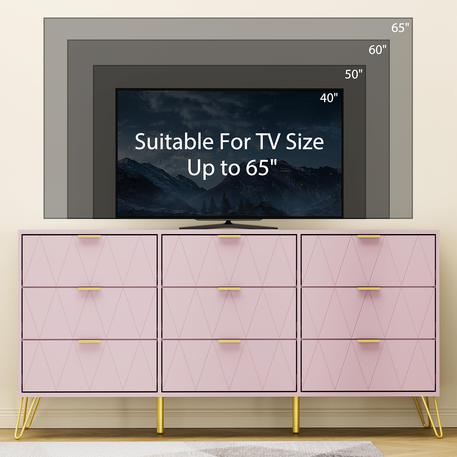 Anbuy 9-Drawer Dresser & 2-Nightstand Set - 3-Piece Bedroom Furniture Combo in Pink | Modern Storage Solution for Master Bedroom, Guest Room & Dorm Organization