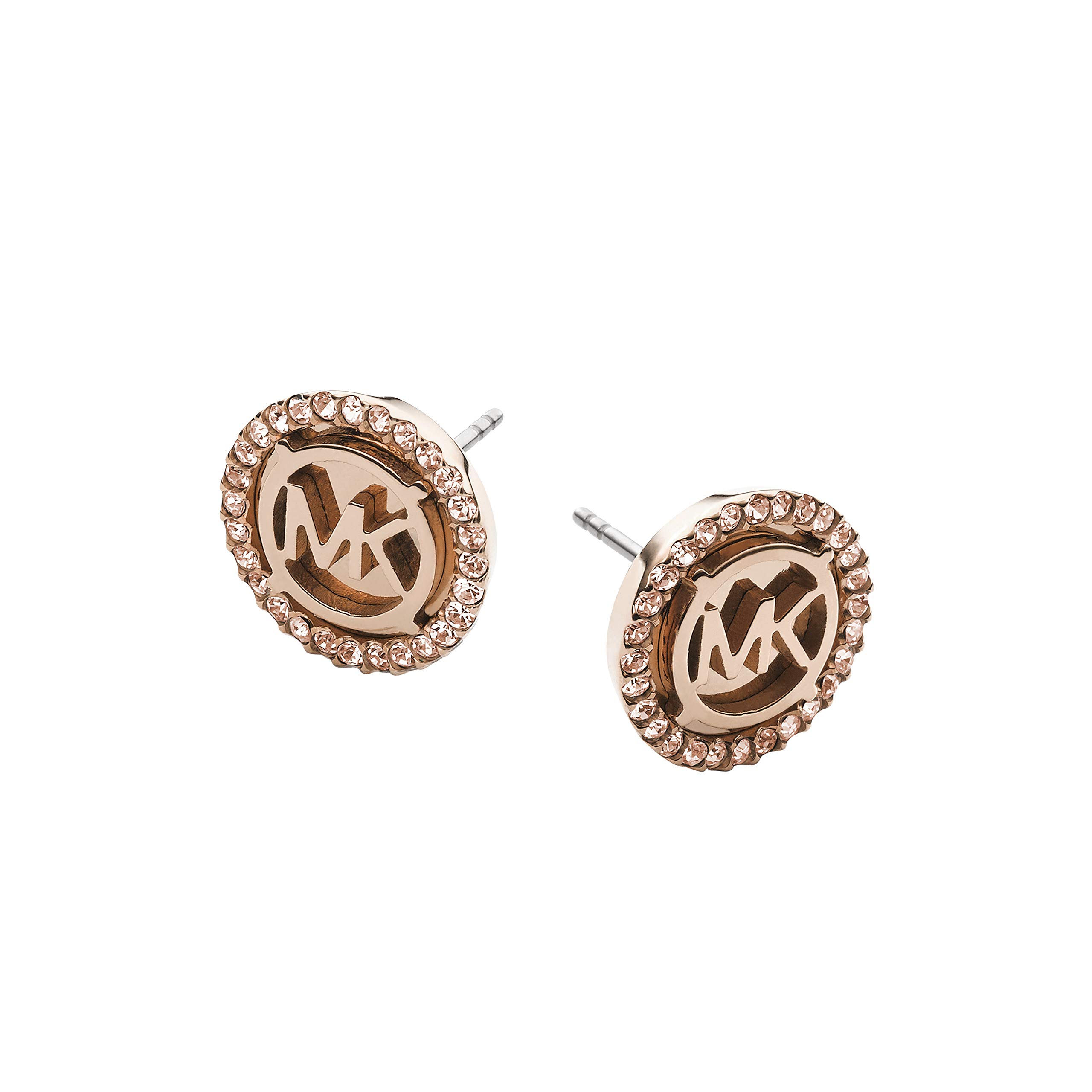 Michael Kors Women's Brass & Pavé Crystal MK Logo Stud Earrings – Elegant Fashion Jewelry for Parties, Weddings & Everyday Wear