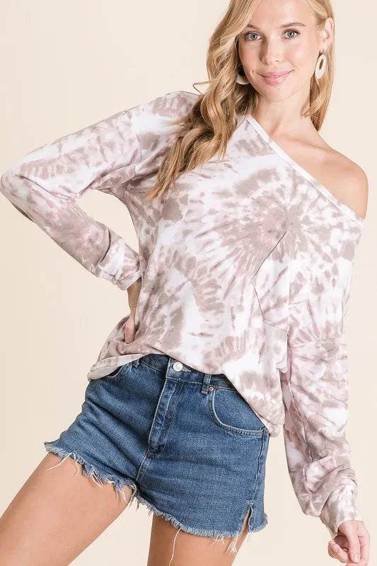 Bibi Tie Dye Print Terry Top With Front Patch Pocket - Mauve/Taupe Women's Fashion | Casual Wear, Beach Outfit, Summer Style