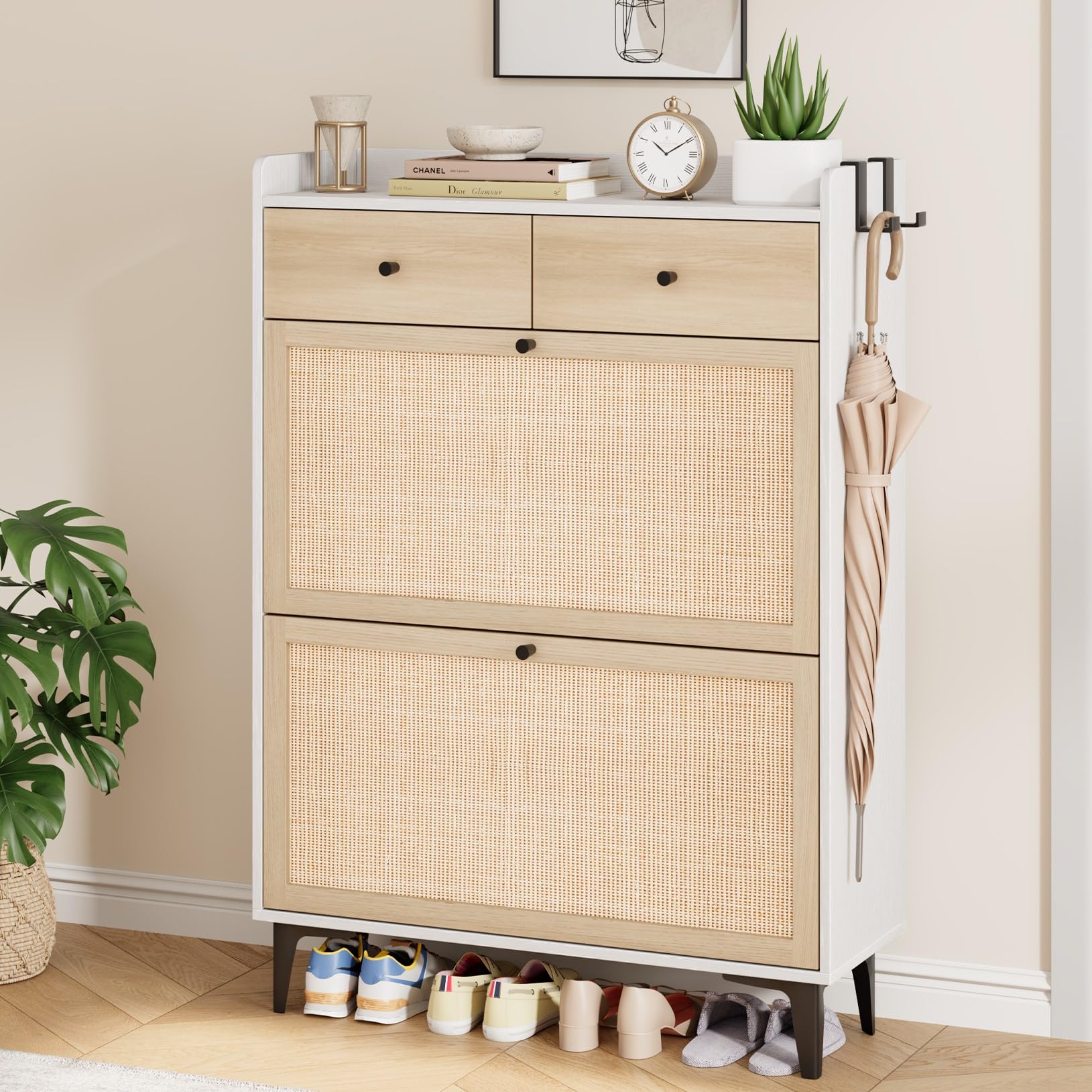 Rattan Shoe Storage Cabinet for Entryway - Narrow Wooden Shoe Organizer with 2 Flip Drawers & 2 Regular Drawers, Freestanding Hidden Shoe Rack with Sturdy Metal Legs in White - Perfect for Small Spaces, Hallway Organization & Apartment Living