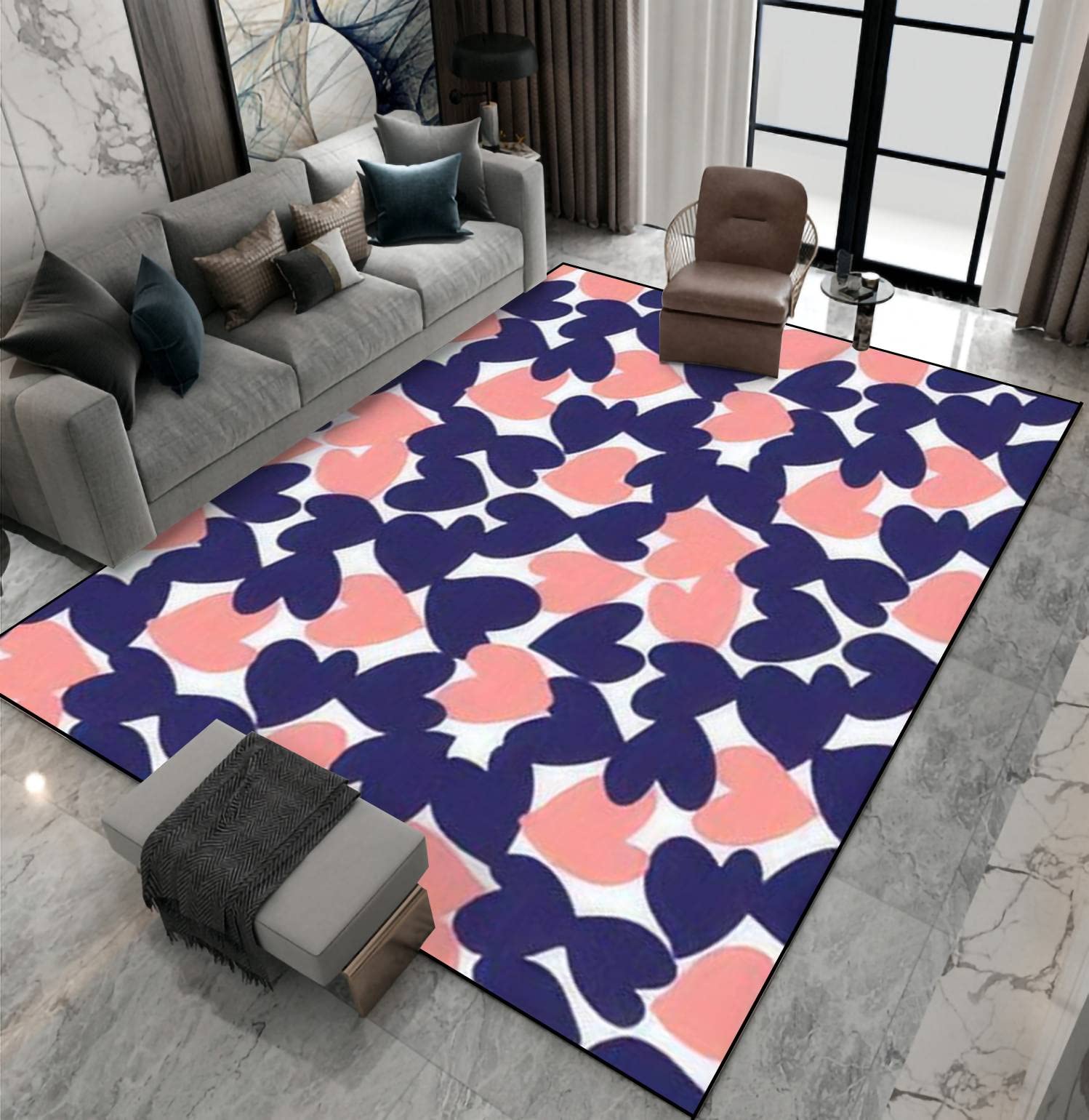Non-Slip Heart Shaped Area Rug - Pink & Navy Valentine's Day Floor Mat for Indoor/Outdoor Use - Perfect for Living Room, Bedroom, Kids Room, Yoga, Patio & Home Decor