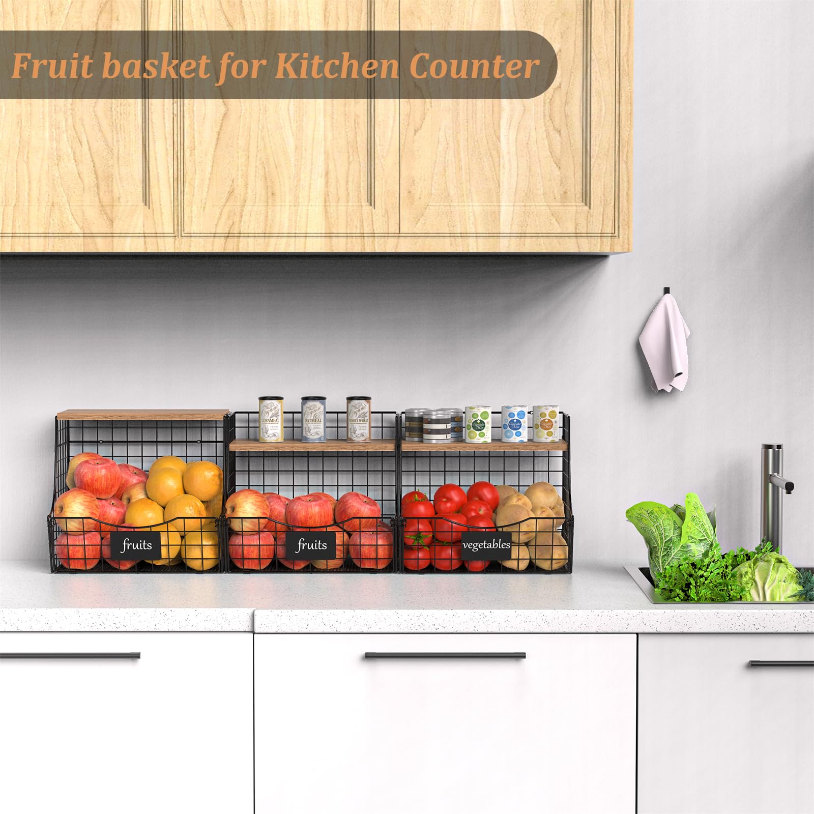3 Pack Wooden Fruit Basket with Lid - Stackable Wall Mounted Kitchen Storage for Onions, Potatoes & Produce - Hanging Wire Baskets for Countertop & Pantry Organization - Perfect for Farmhouse & Modern Kitchens