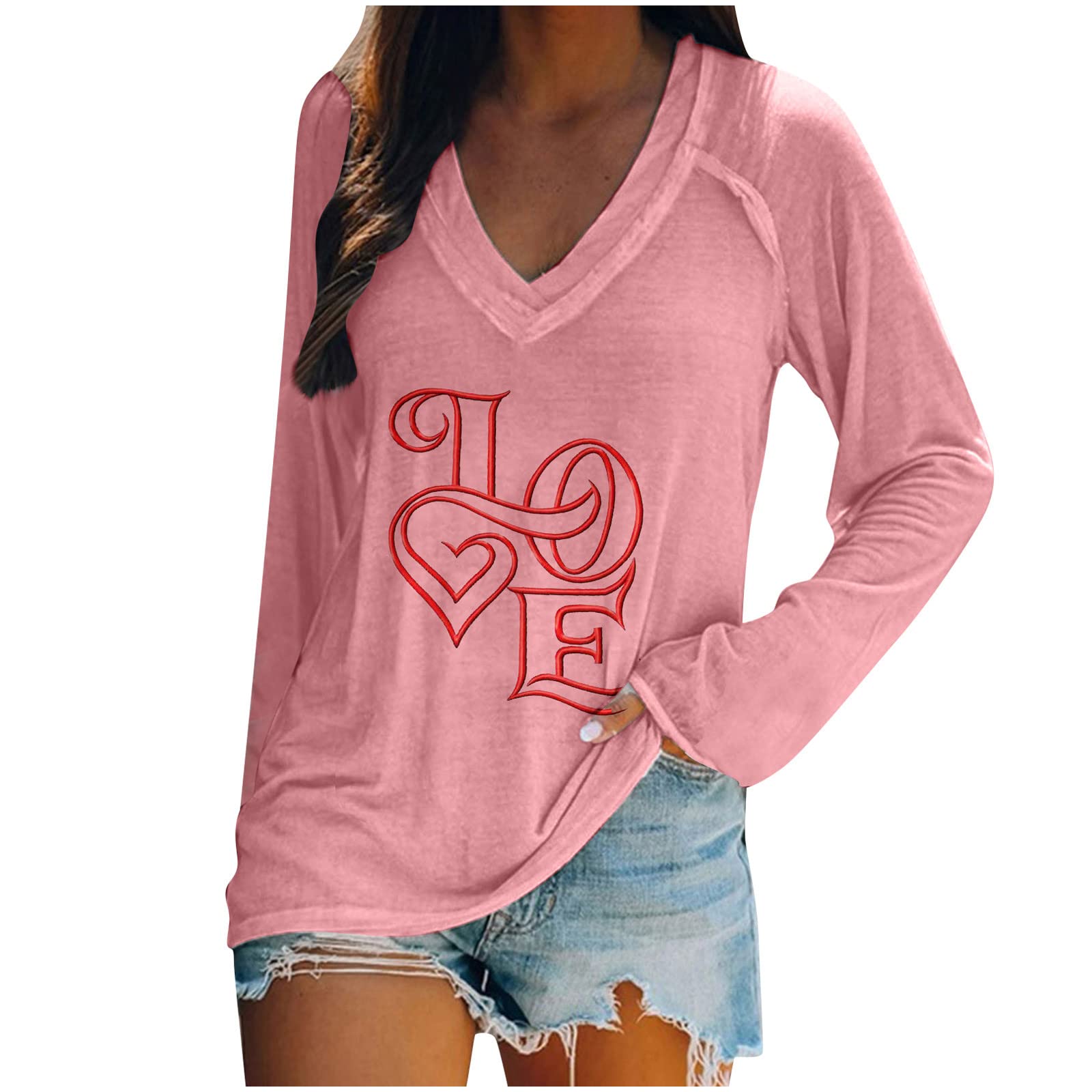 Women's Long Sleeve V-Neck T-Shirts - Casual Valentine's Day Print Blouses for Everyday Wear & Date Nights | Easy Match Activewear & Layering Essential